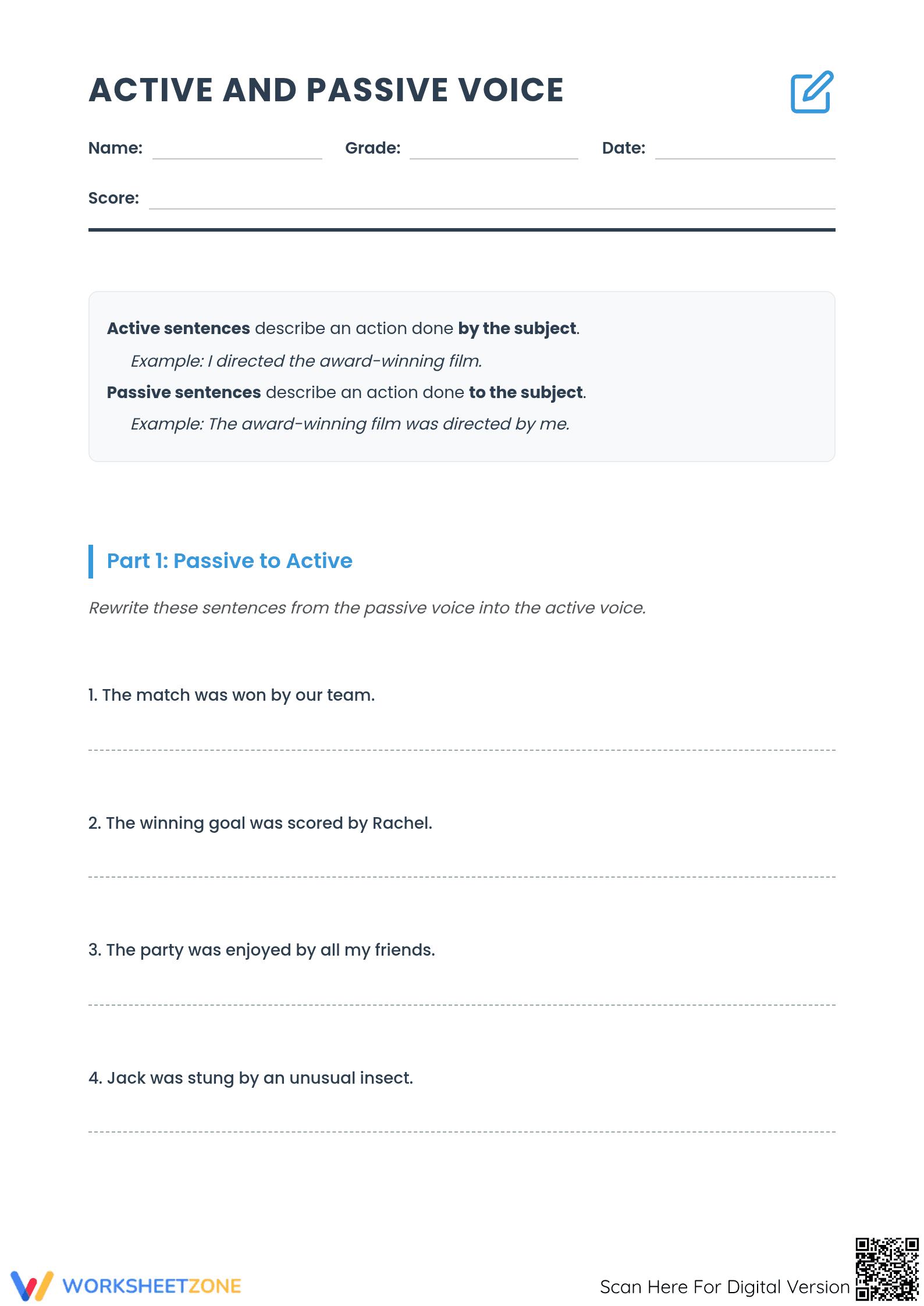 Printable Active and Passive Voice Worksheet | Grade 8 ELA - Page 1