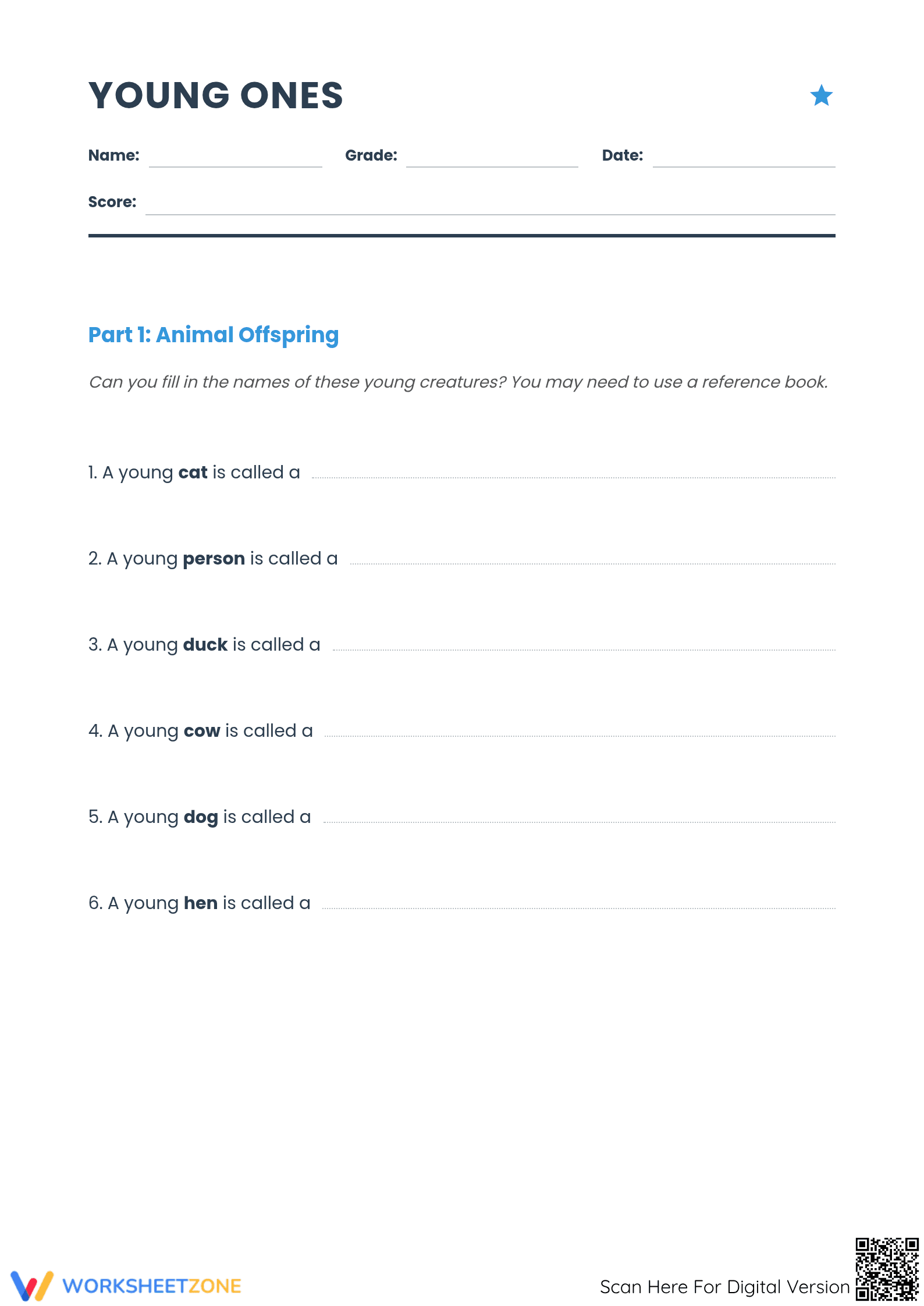 Animal Offspring Vocabulary Worksheet | Grade 4-6 Essential - Page 1