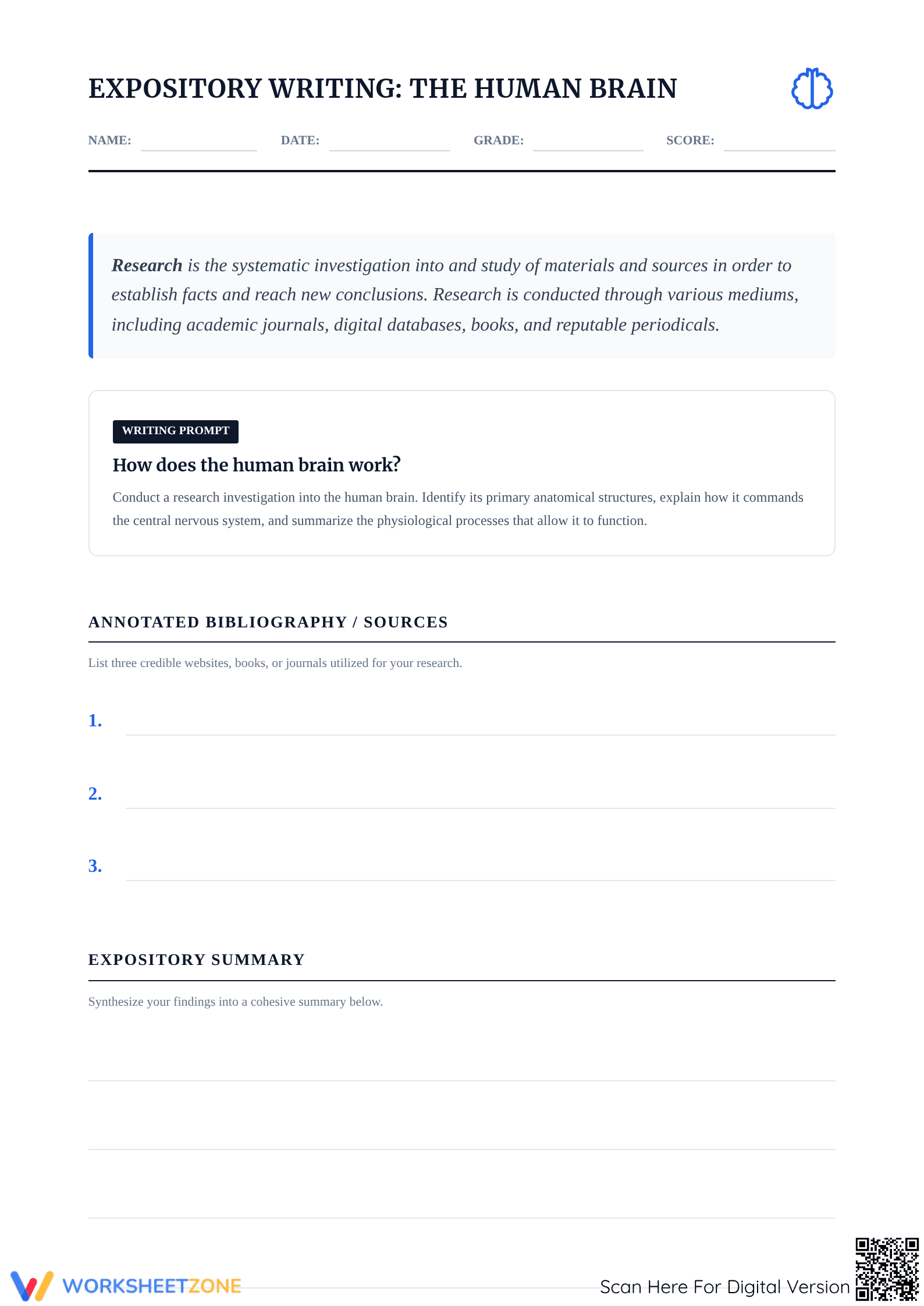 Grade 10 Brain Research — Printable No-Prep Worksheet - Page 1