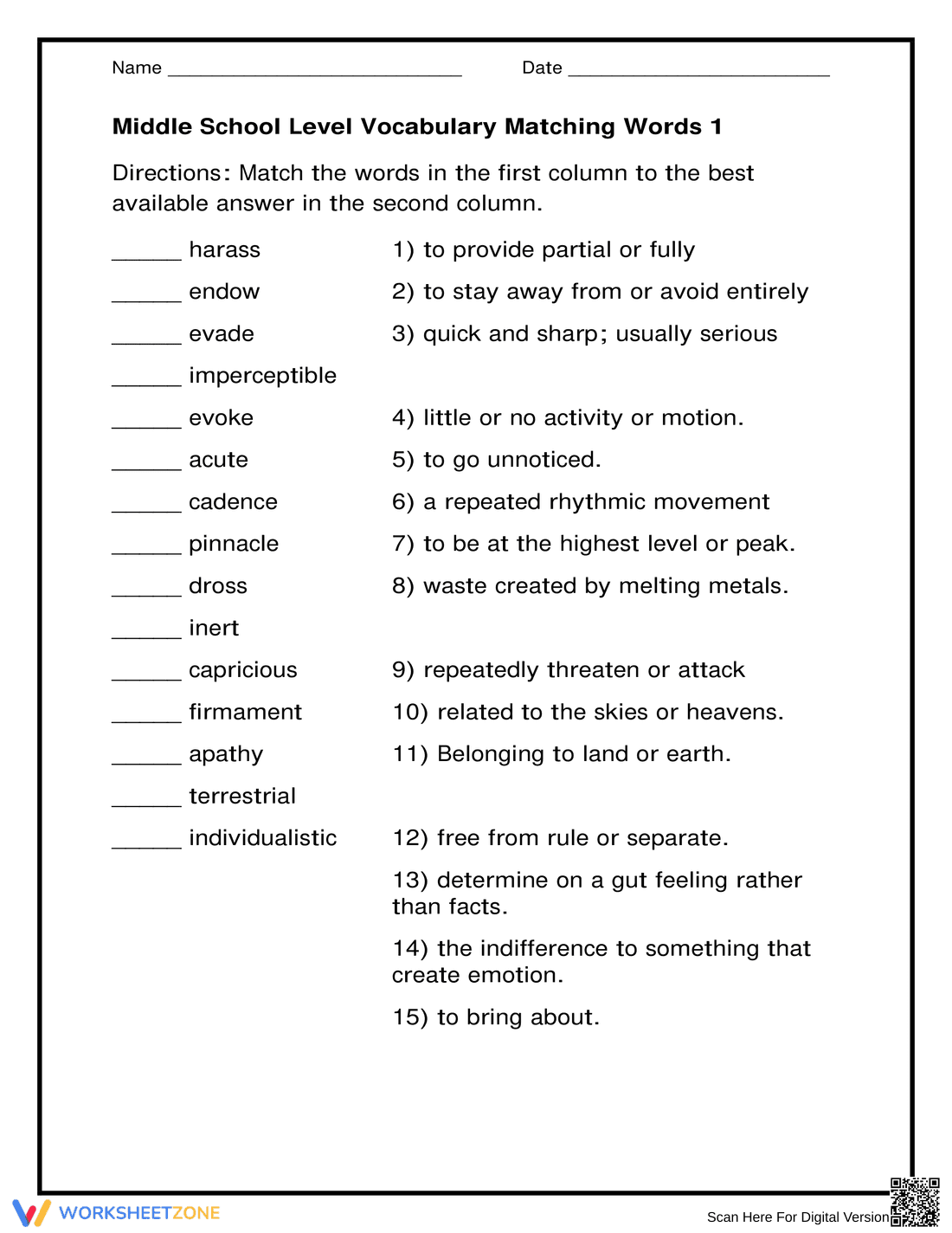 Printable Vocabulary Matching Worksheet | Grades 6-9 - Page 1