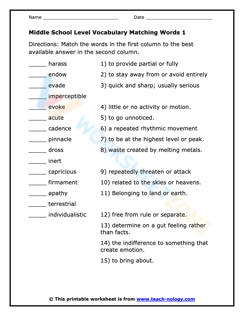 Vocabulary Matching Words 1 - Page 1