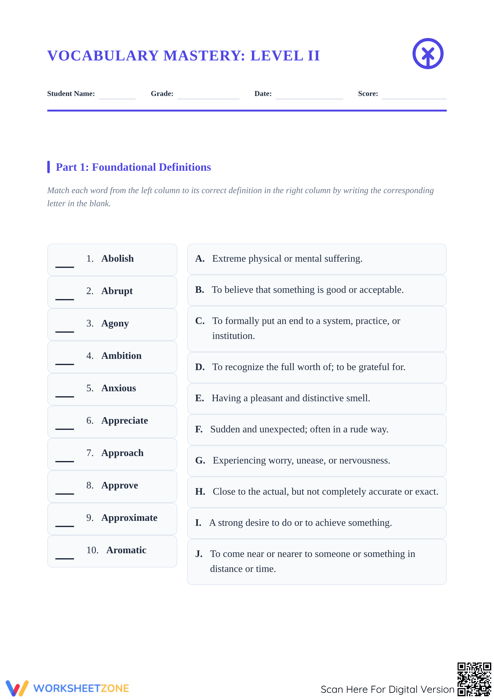 Essential Grade 6-9 Vocabulary Mastery Worksheet - Page 1