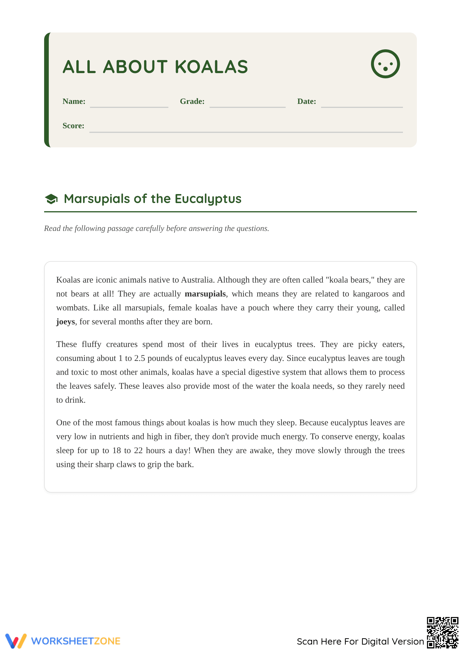 Printable Koala Reading Comprehension | Grade 4-5 ELA - Page 1