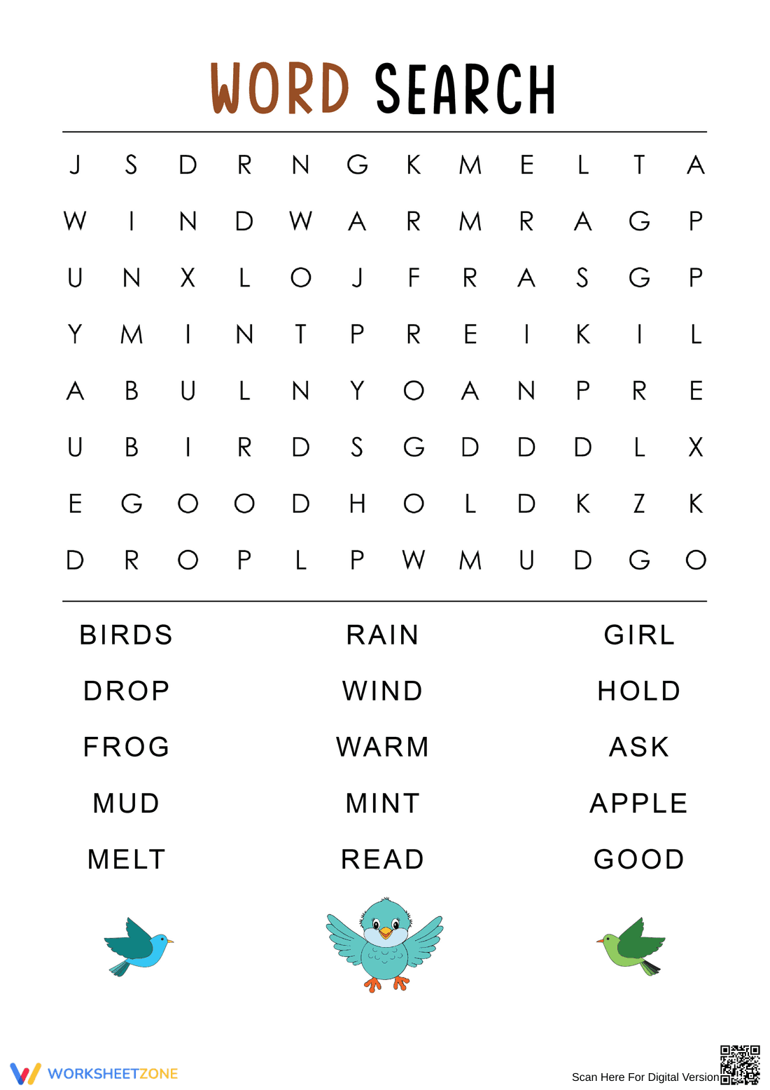 Grade 1 Word Search — Printable No-Prep Worksheet - Page 1