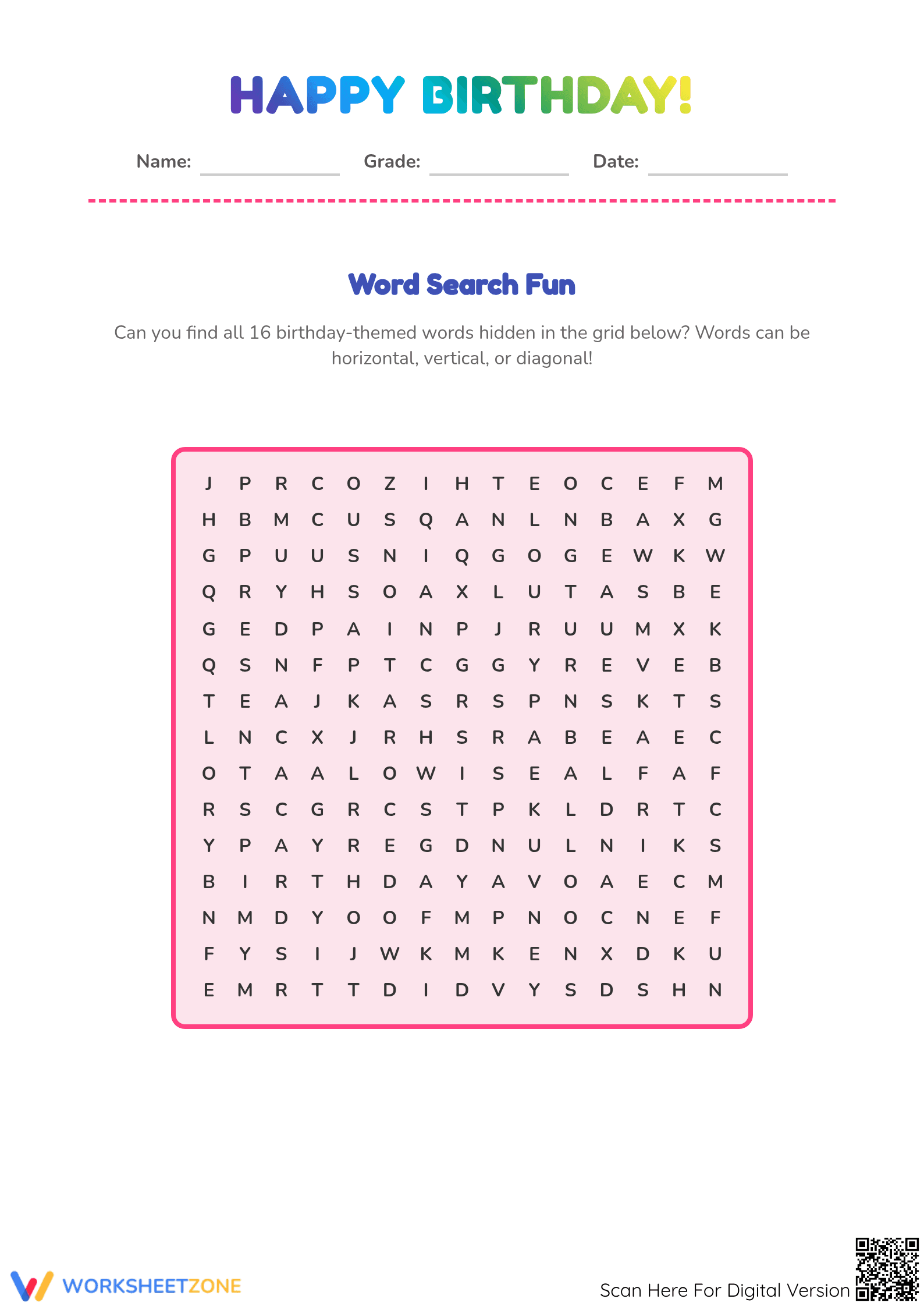 Happy Birthday Word Search & Writing | Essential Grade 2-3 - Page 1