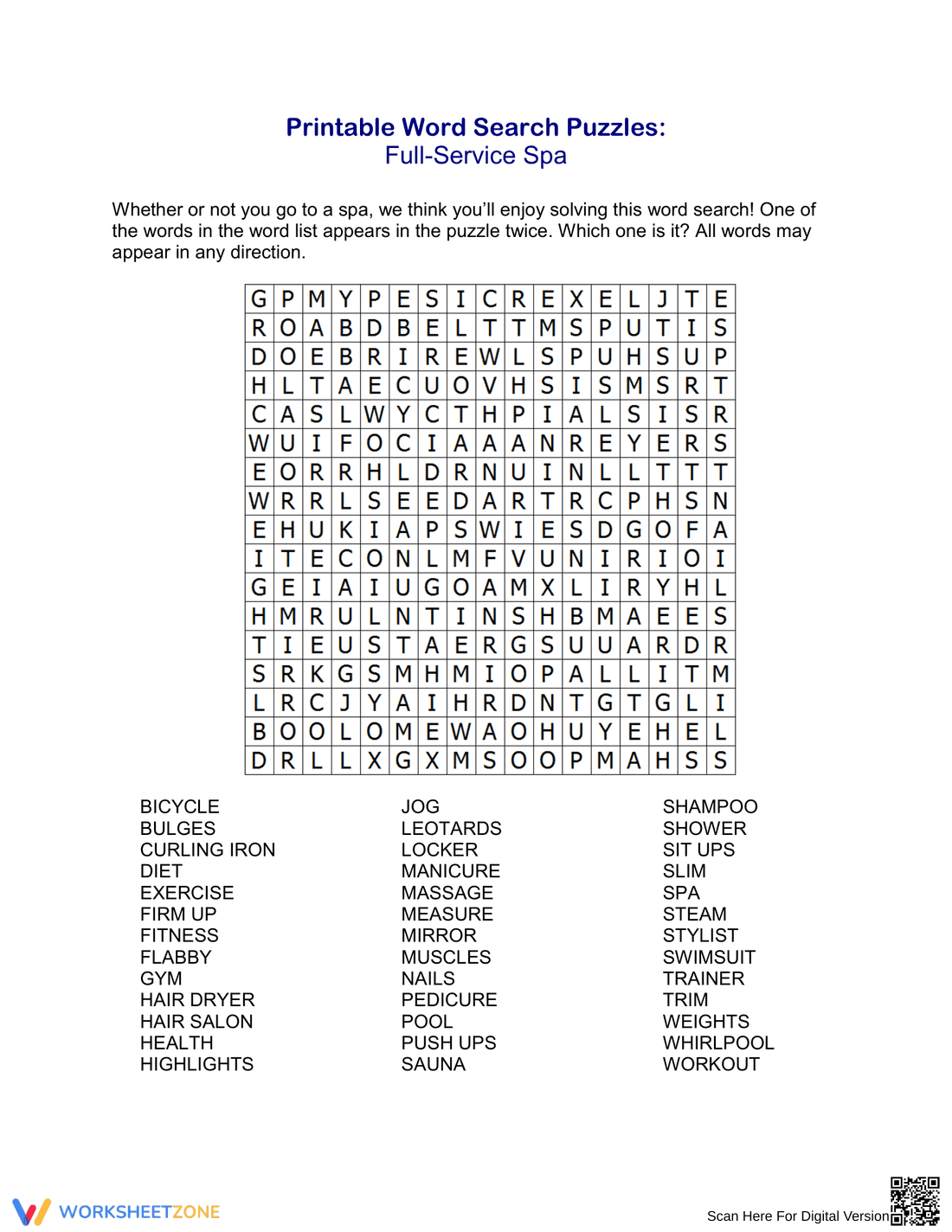 Printable Spa Word Search Worksheet | Grades 4-5 - Page 1