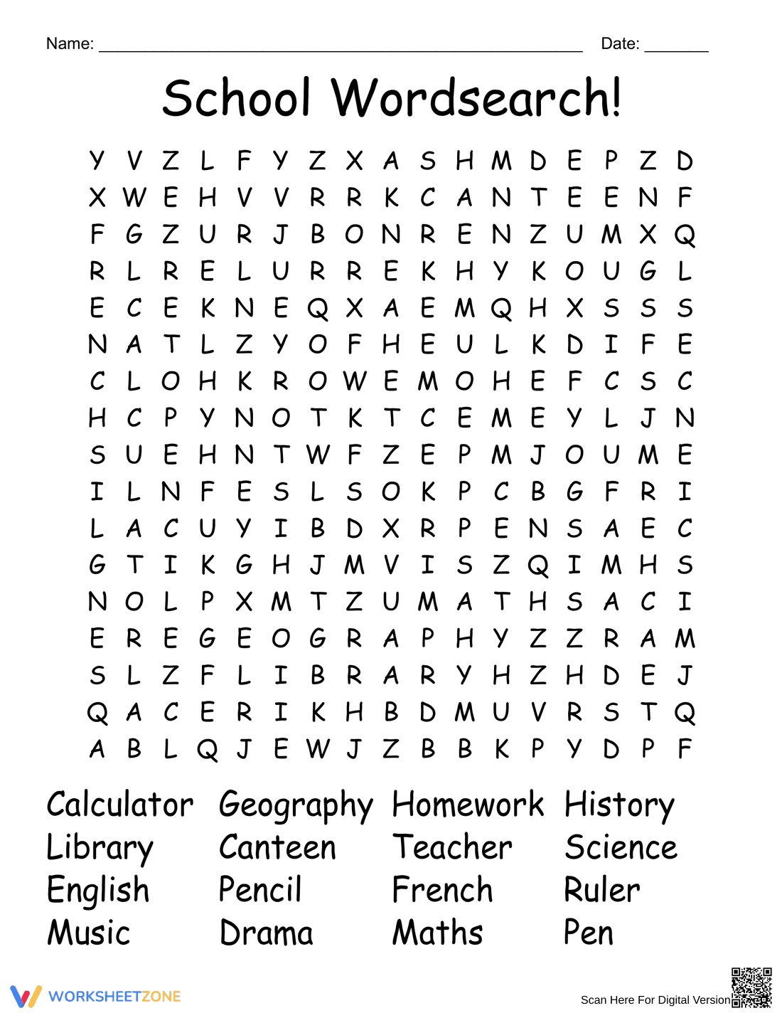School Word Search Fun Worksheet - Page 1