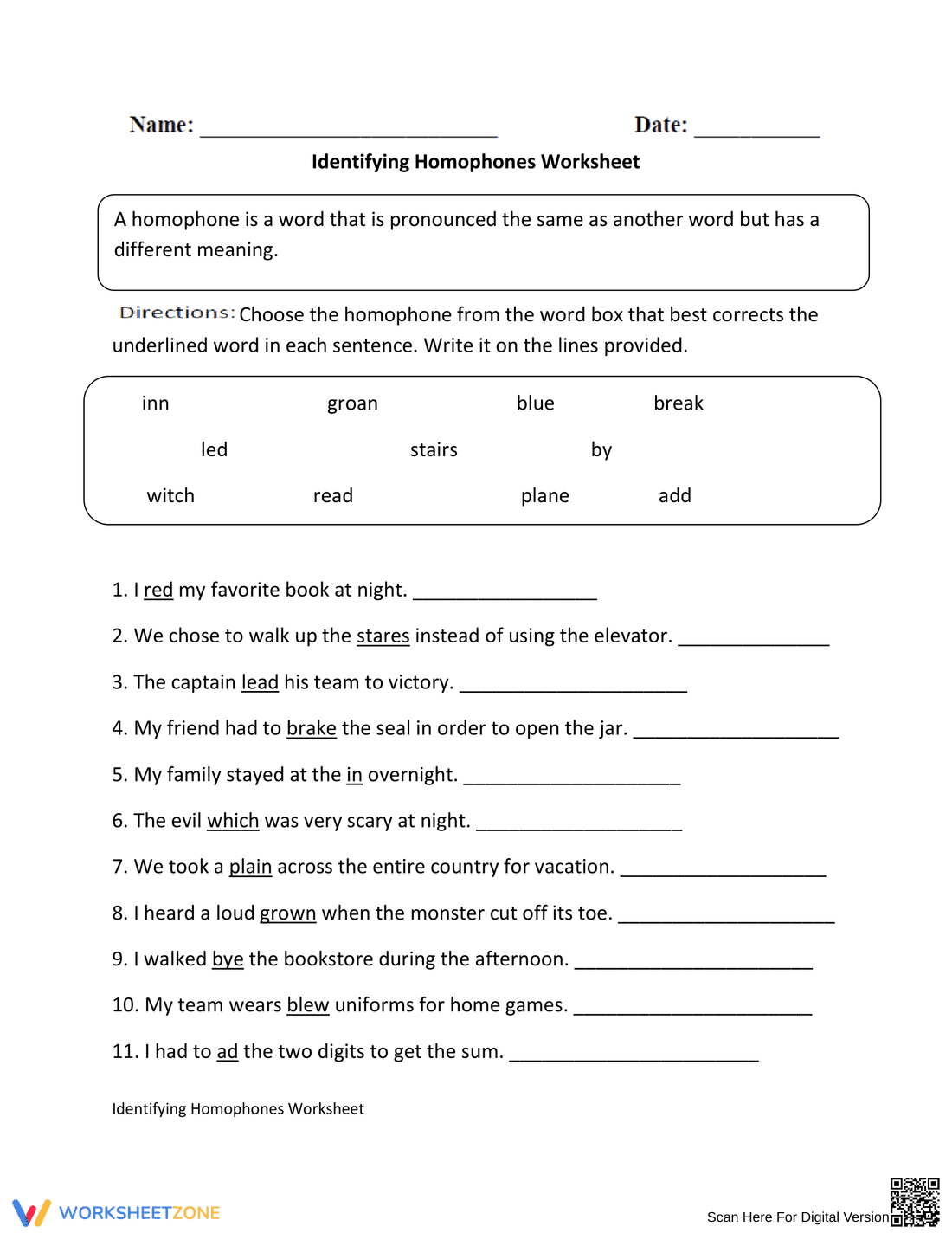 Printable Homophones Worksheet | Grade 4 Vocabulary - Page 1