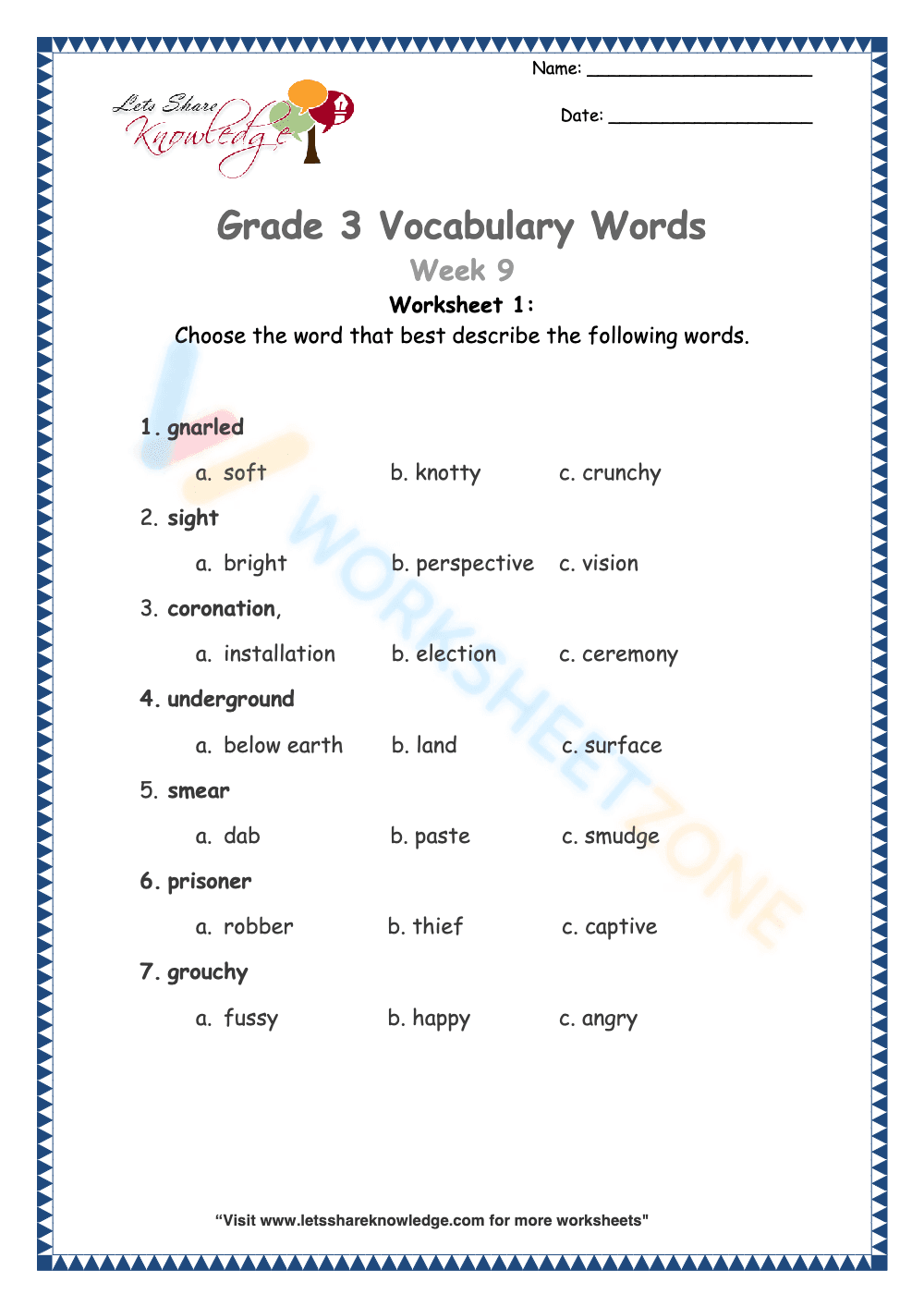 Grade 3 Vocabulary Builder Worksheet 1 - Page 1