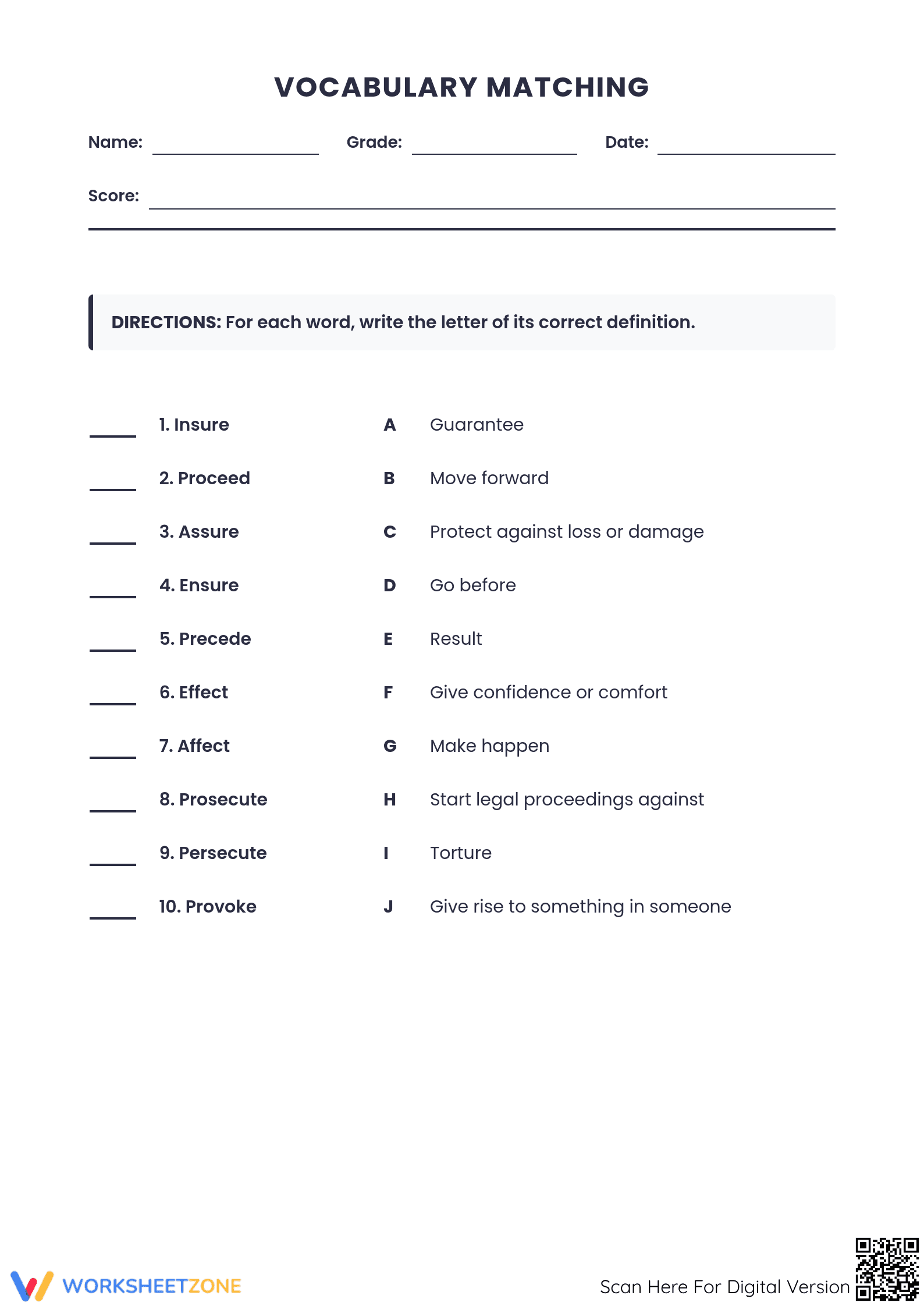 Grade 6 Vocabulary Matching | Essential Printable Practice - Page 1