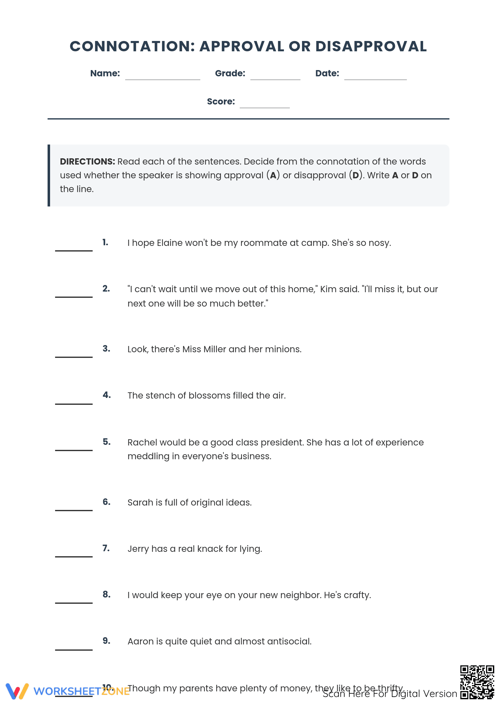 Grade 6 Connotation Worksheet | Essential ELA Practice - Page 1