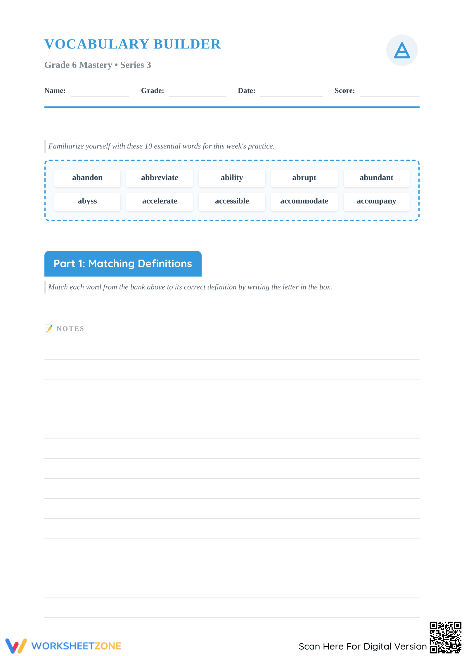 Essential Grade 6 Vocabulary Builder | Printable Practice - Page 1
