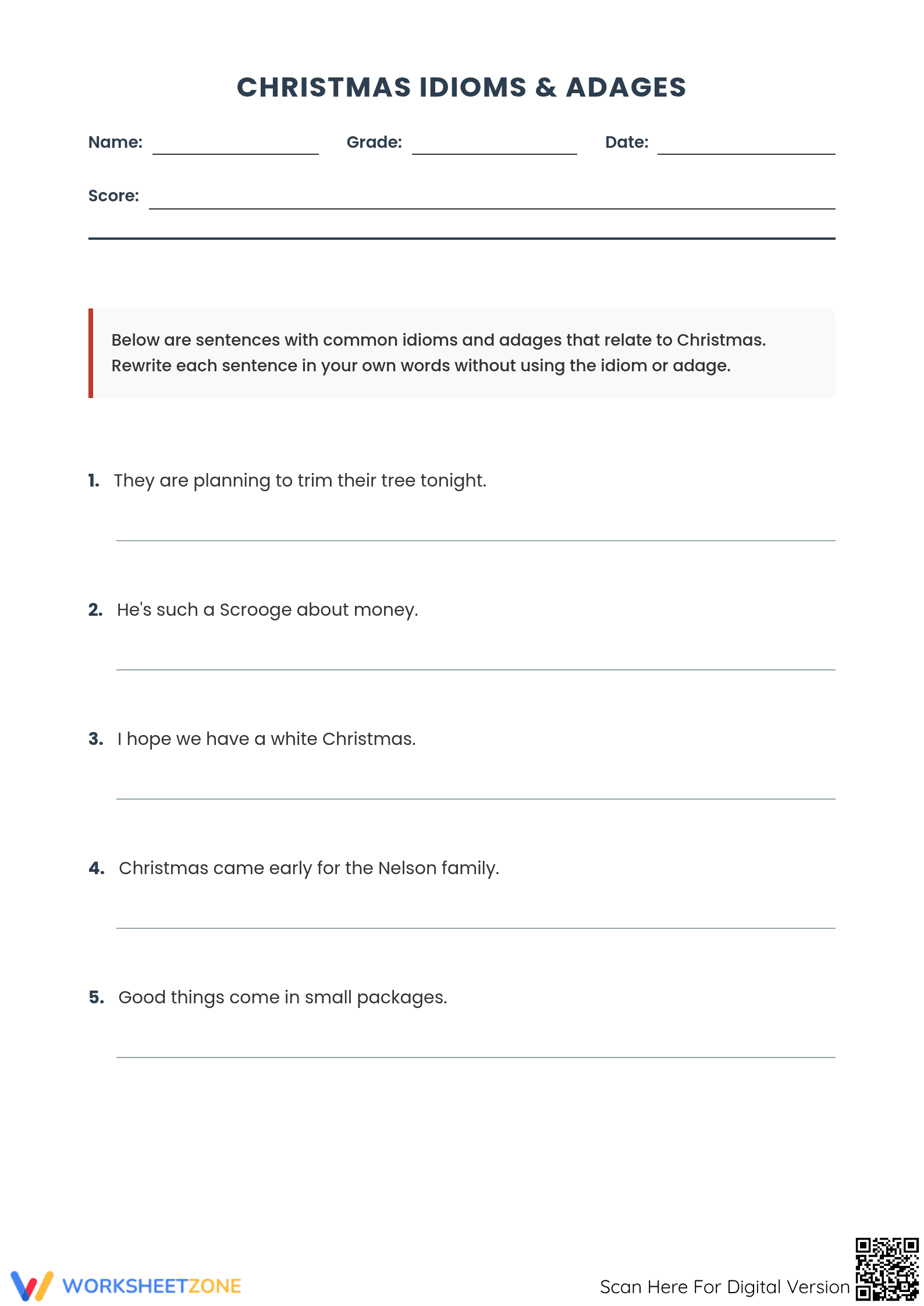 Essential Christmas Idioms Worksheet | Grade 6 ELA - Page 1