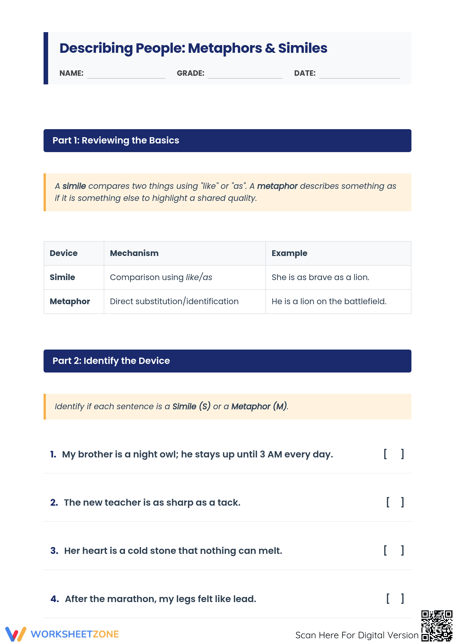 Metaphors and Similes Worksheet | Grade 7-9 Essential - Page 1