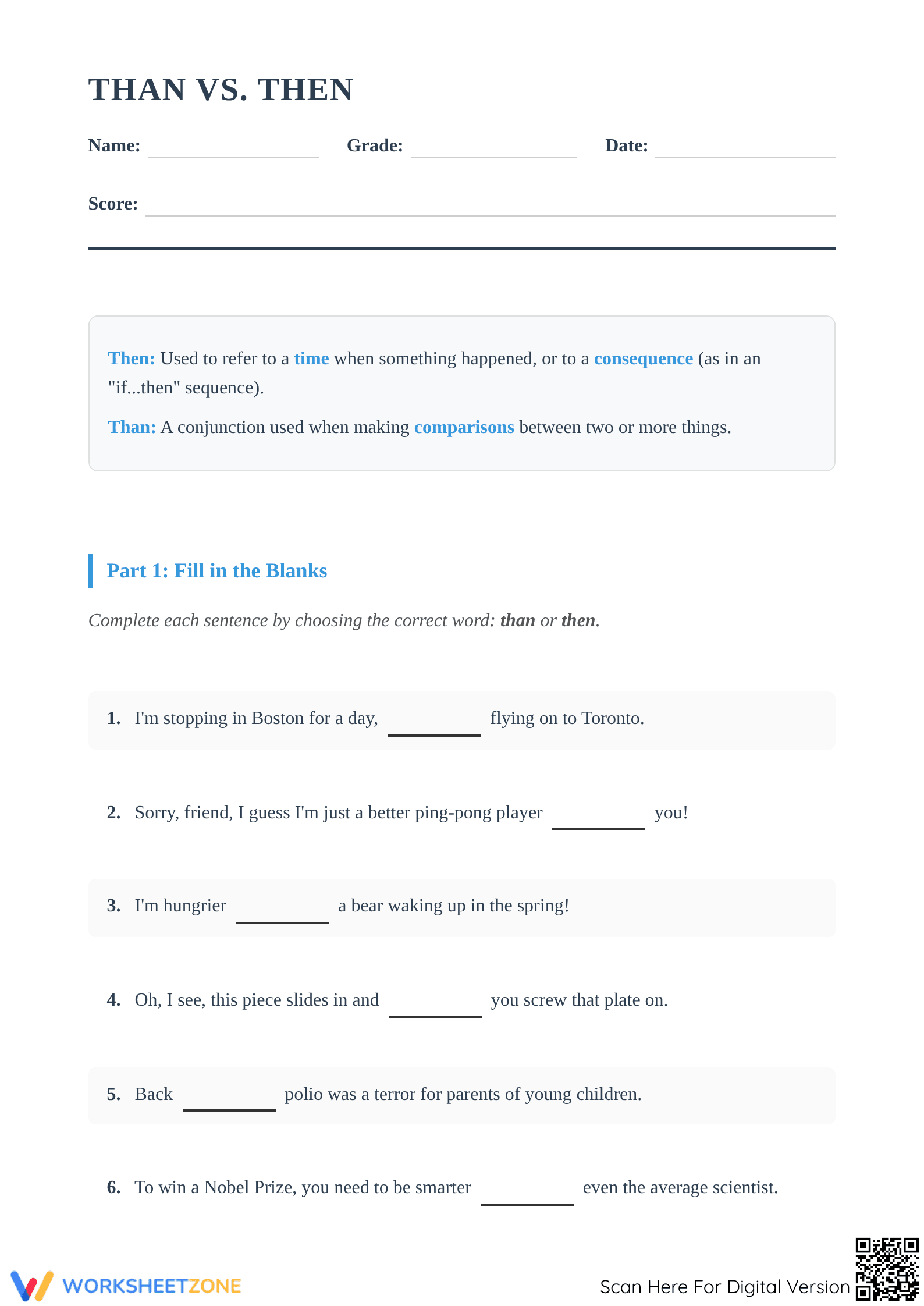 Printable Than vs. Then Worksheet | Grade 5 & 6 Grammar - Page 1