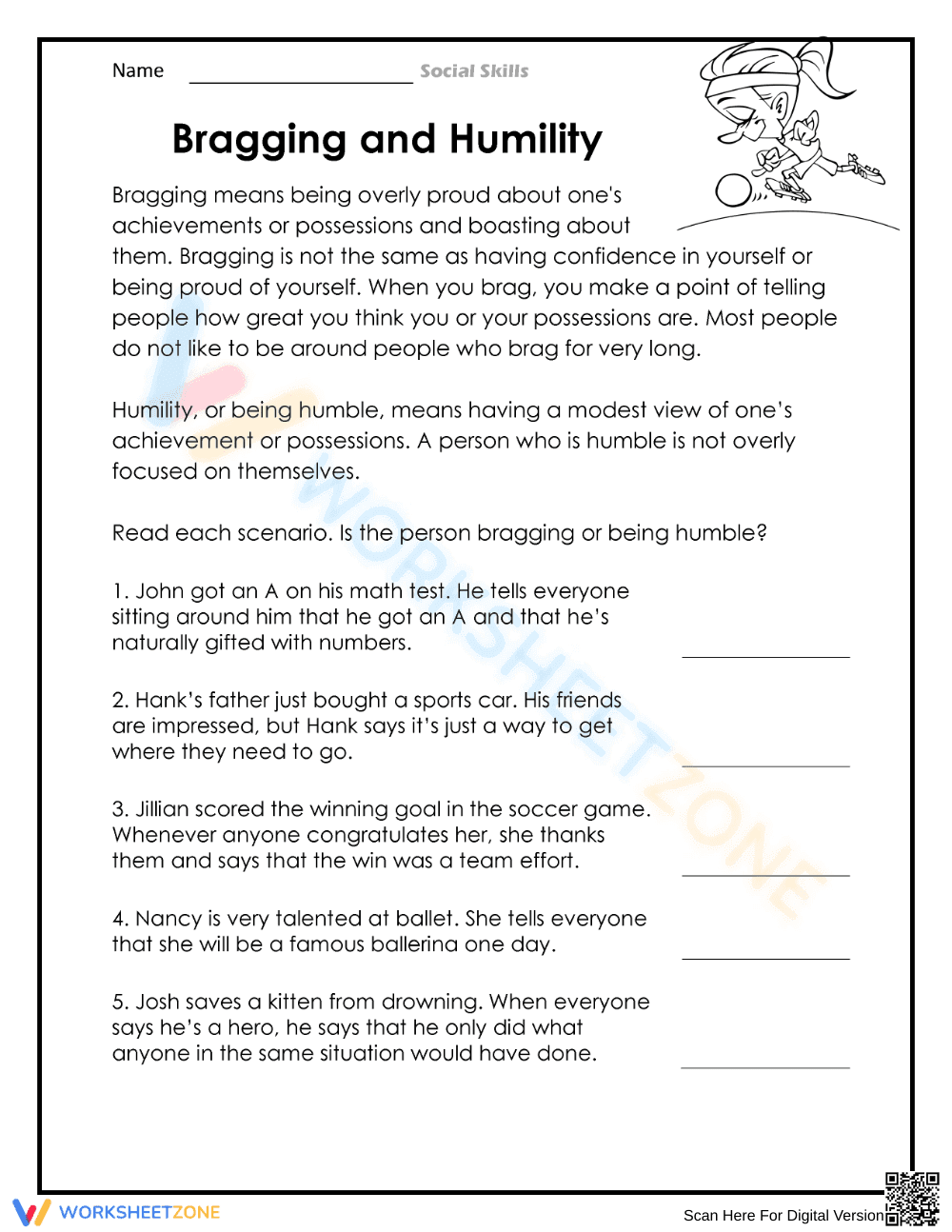 Bragging and Humility Worksheet | Grade 4 Essential - Page 1