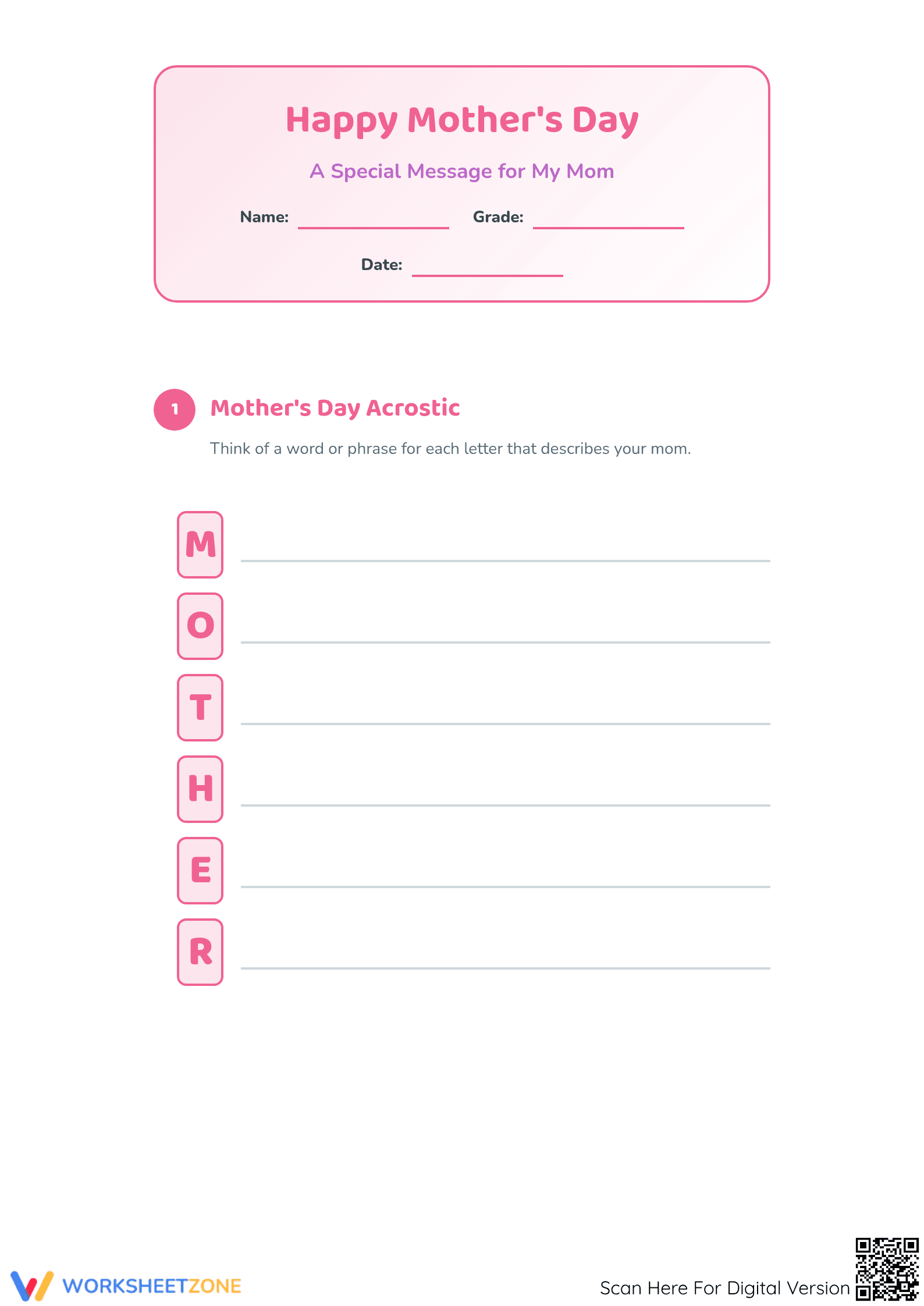 Grade 3 Mother's Day — Printable No-Prep Worksheet - Page 1