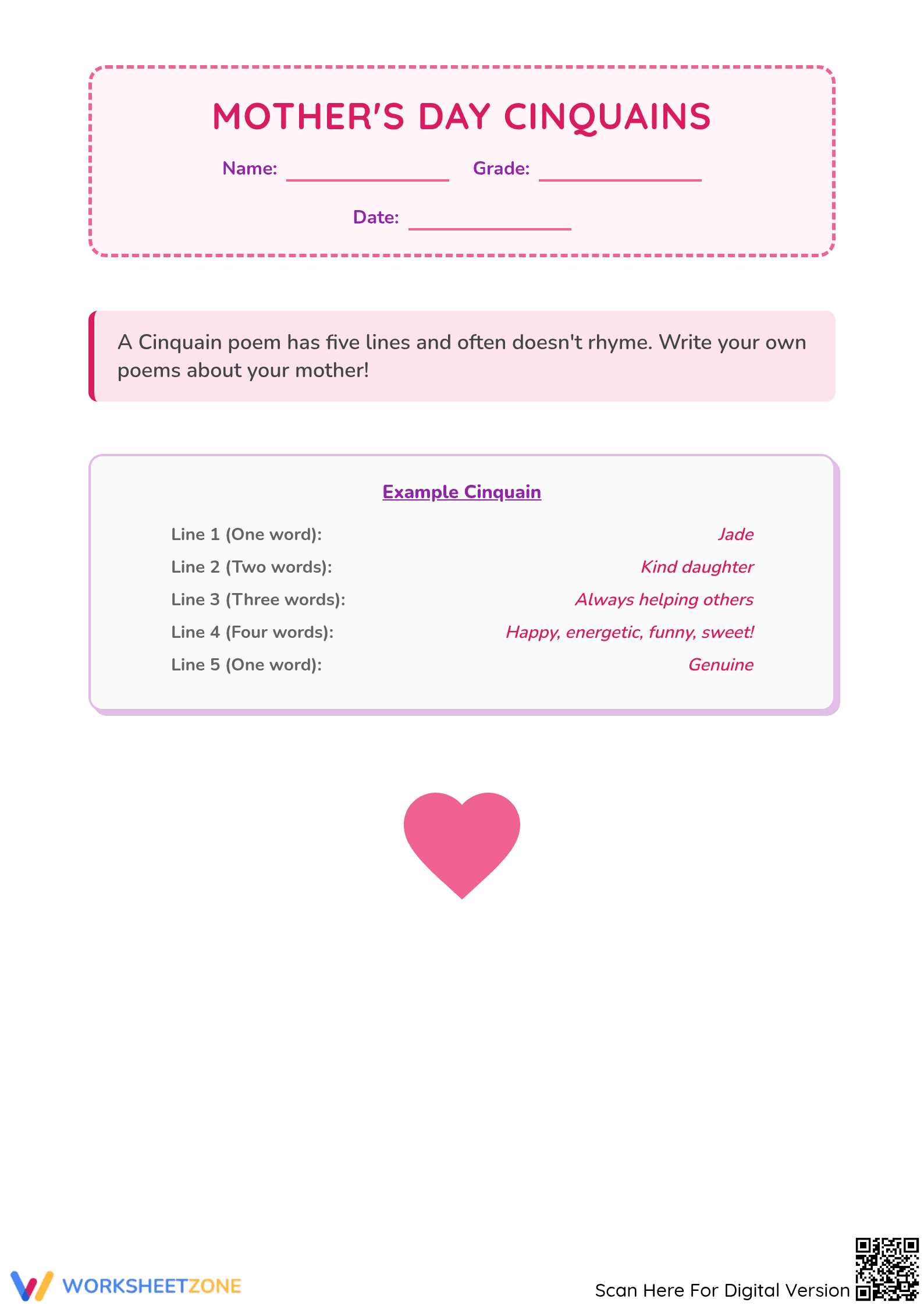 Grade 3 Mother's Day Cinquains — Printable No-Prep Worksheet - Page 1