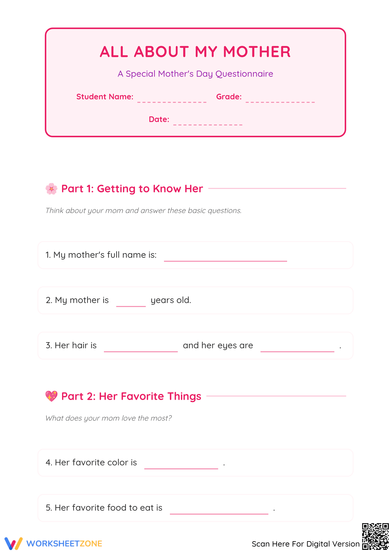 Mother's Day Questionnaire | Grade 3 Printable Worksheet - Page 1