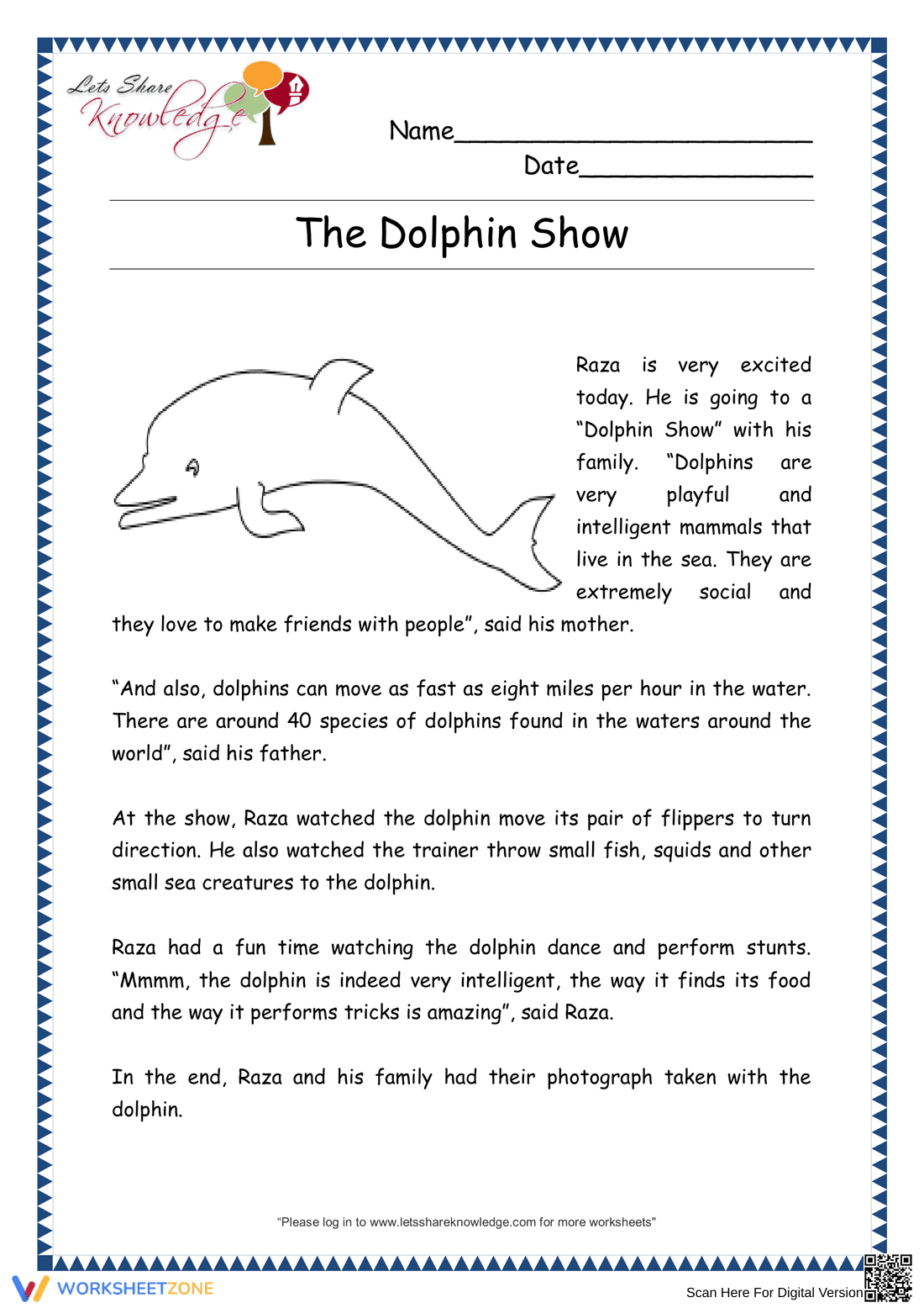 The Dolphin Show – Reading Comprehension Worksheet for Kids - Page 1