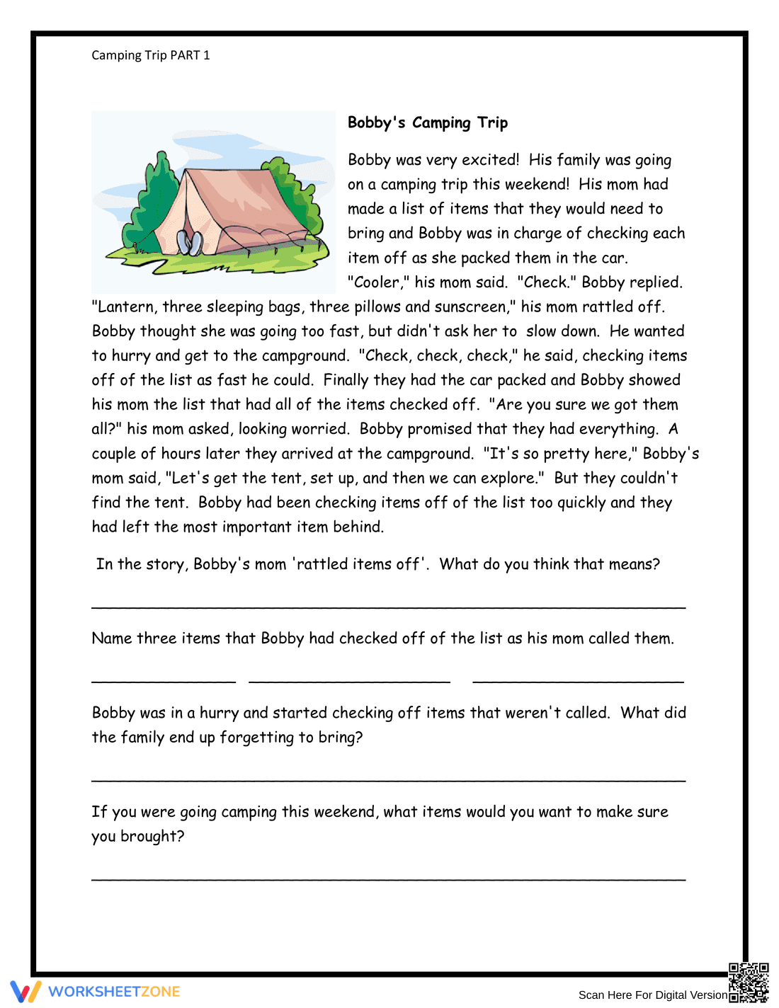 Bobby's Camping Trip Reading Comprehension Worksheet - Page 1