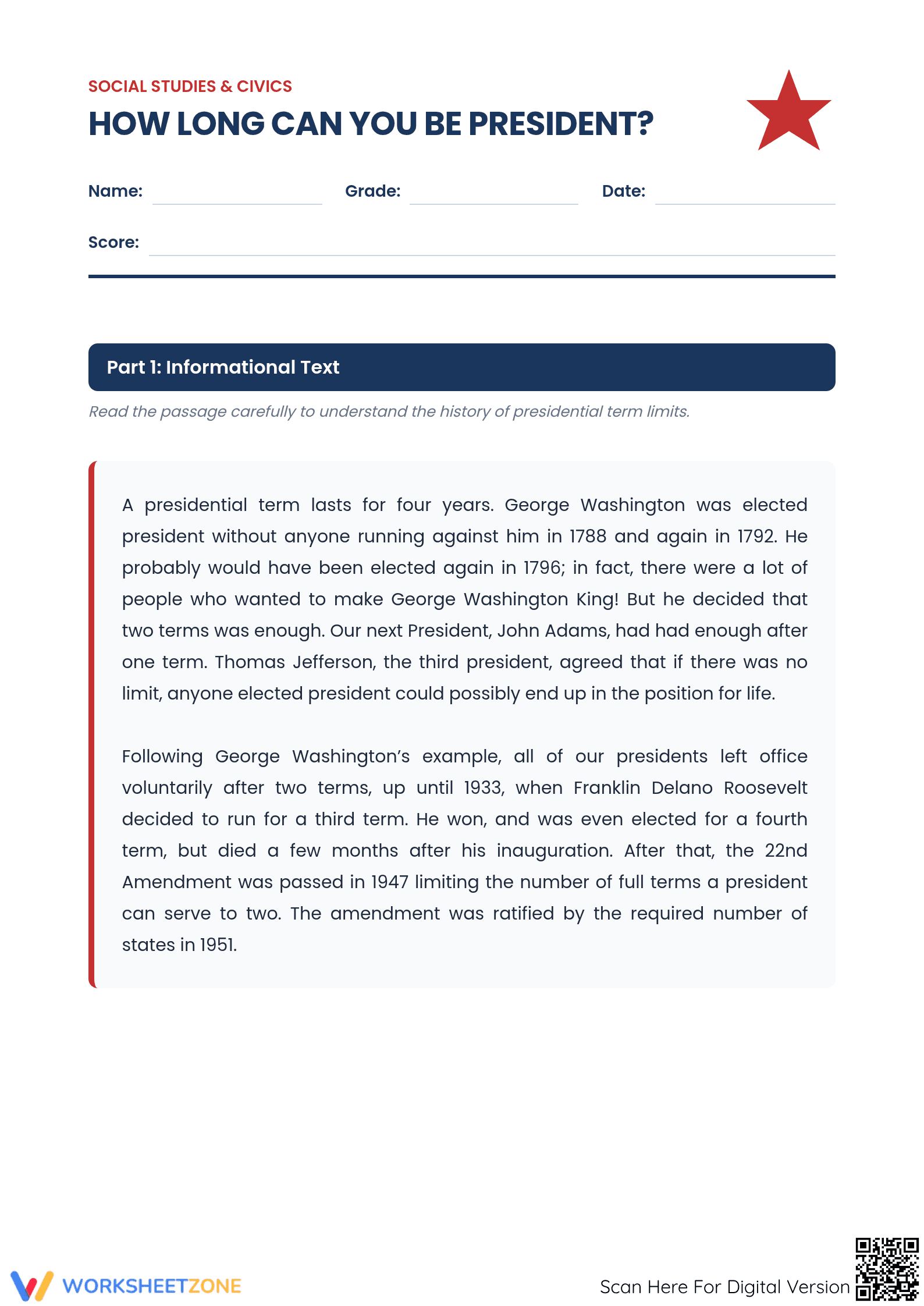 Presidential Term Limits Worksheet | Grade 7 Essential - Page 1