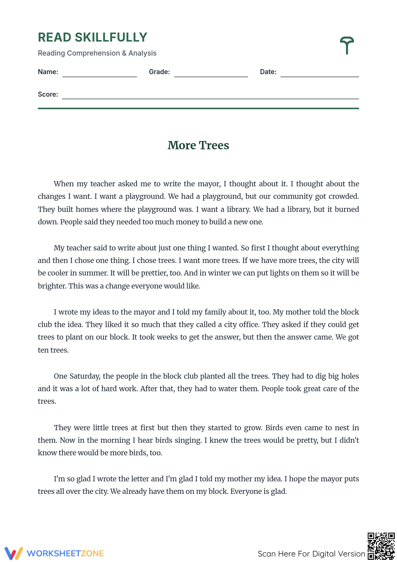 Printable Close Reading Worksheet | Grade 10 ELA - Page 1