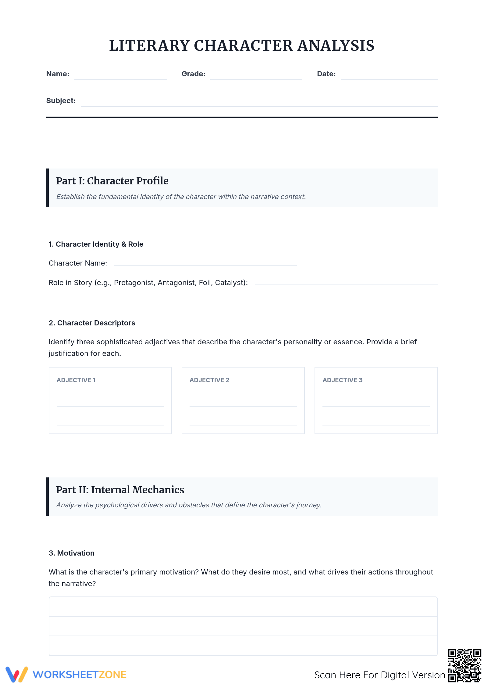 Literary Character Analysis Worksheet | Essential 10-12 - Page 1
