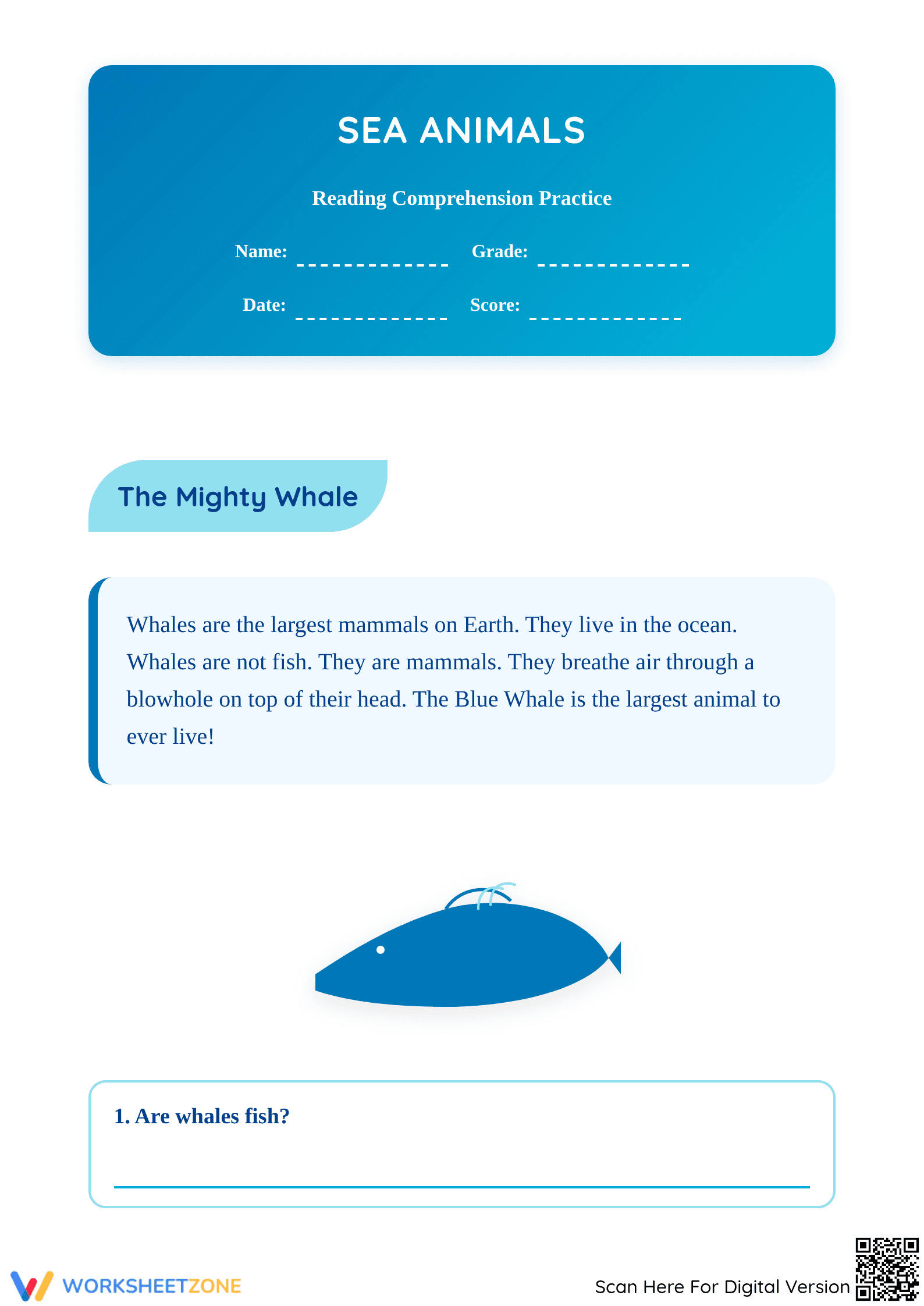 Sea Animals Reading Comprehension | Grade 1 Essential - Page 1