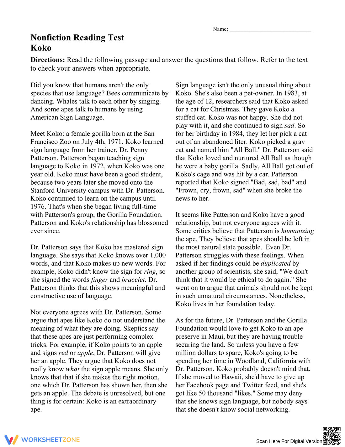 Reading Comprehension Worksheet | Grade 6 ELA Printable - Page 1
