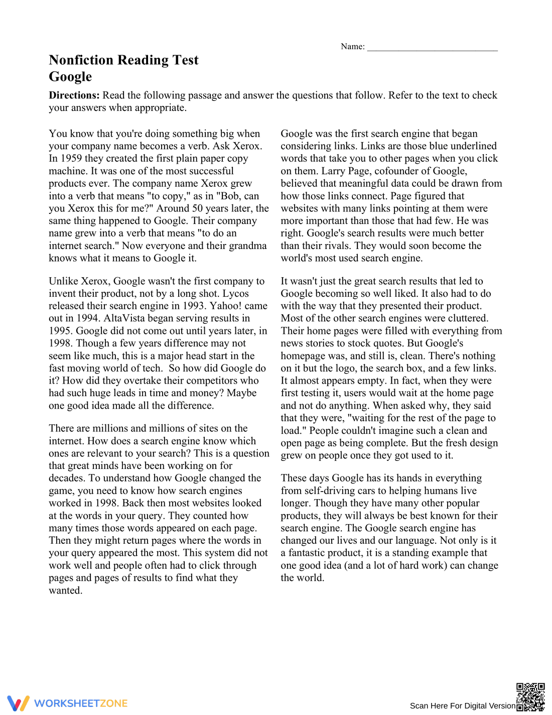 Essential Grade 6 Nonfiction Reading Test: Google - Page 1