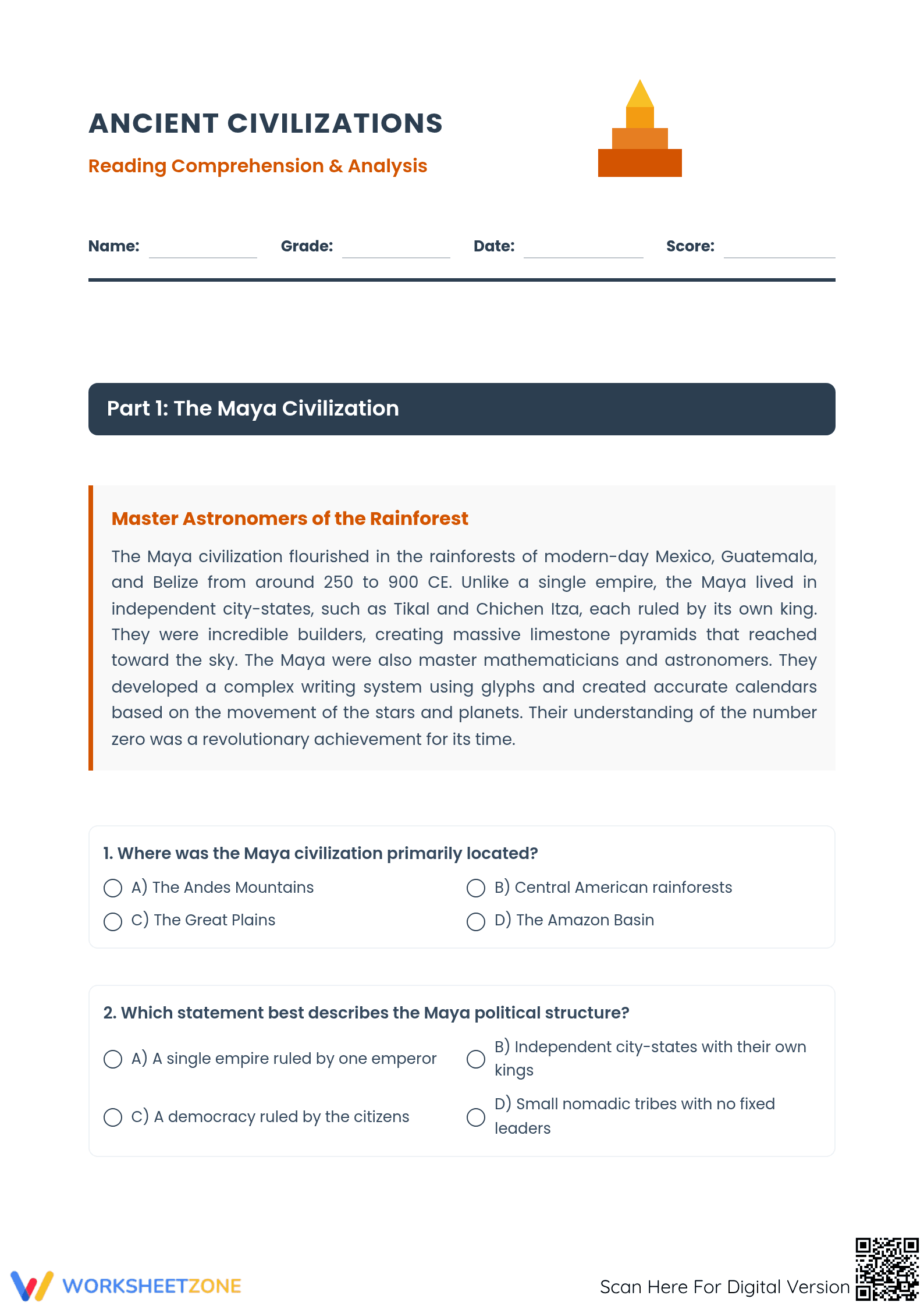 Grade 6 Ancient Civilizations Reading | Essential Worksheet - Page 1