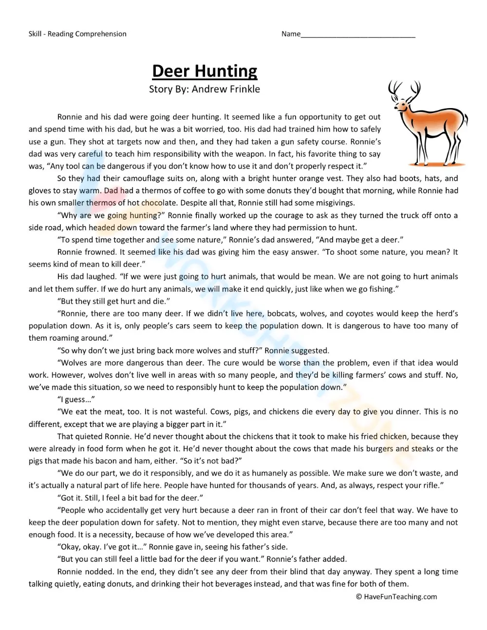 7th Grade Reading | Printable Deer Hunting Story - Page 1