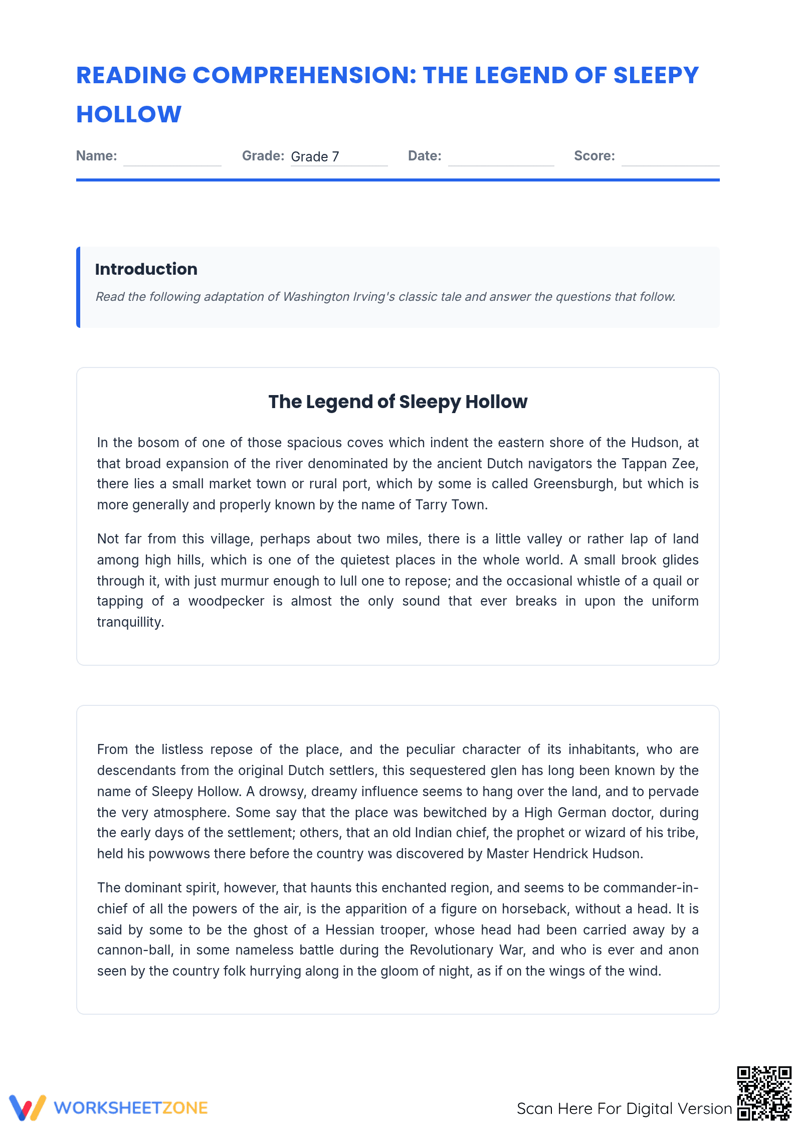 Grade 7 Sleepy Hollow Reading — Printable Worksheet - Page 1