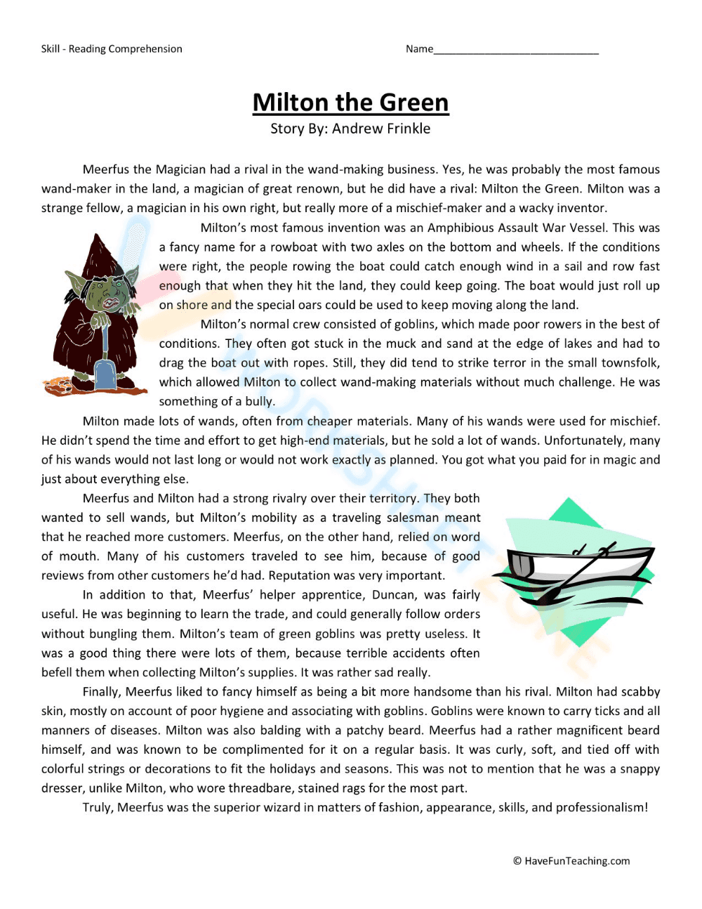 Grade 7 Reading Comprehension — Printable No-Prep Worksheet - Page 1