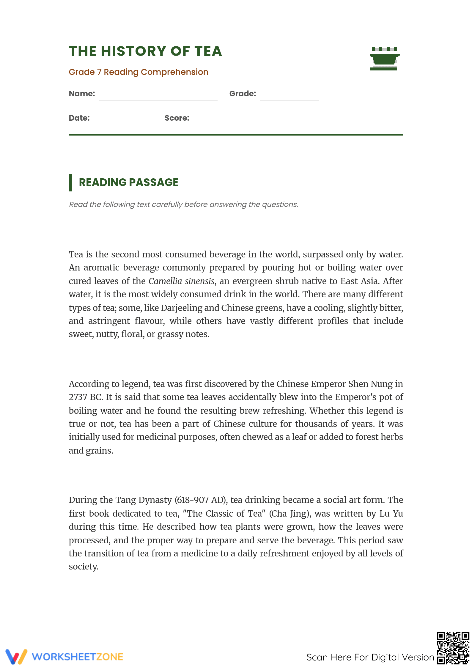 Grade 7 Reading Comprehension: History of Tea | Essential - Page 1