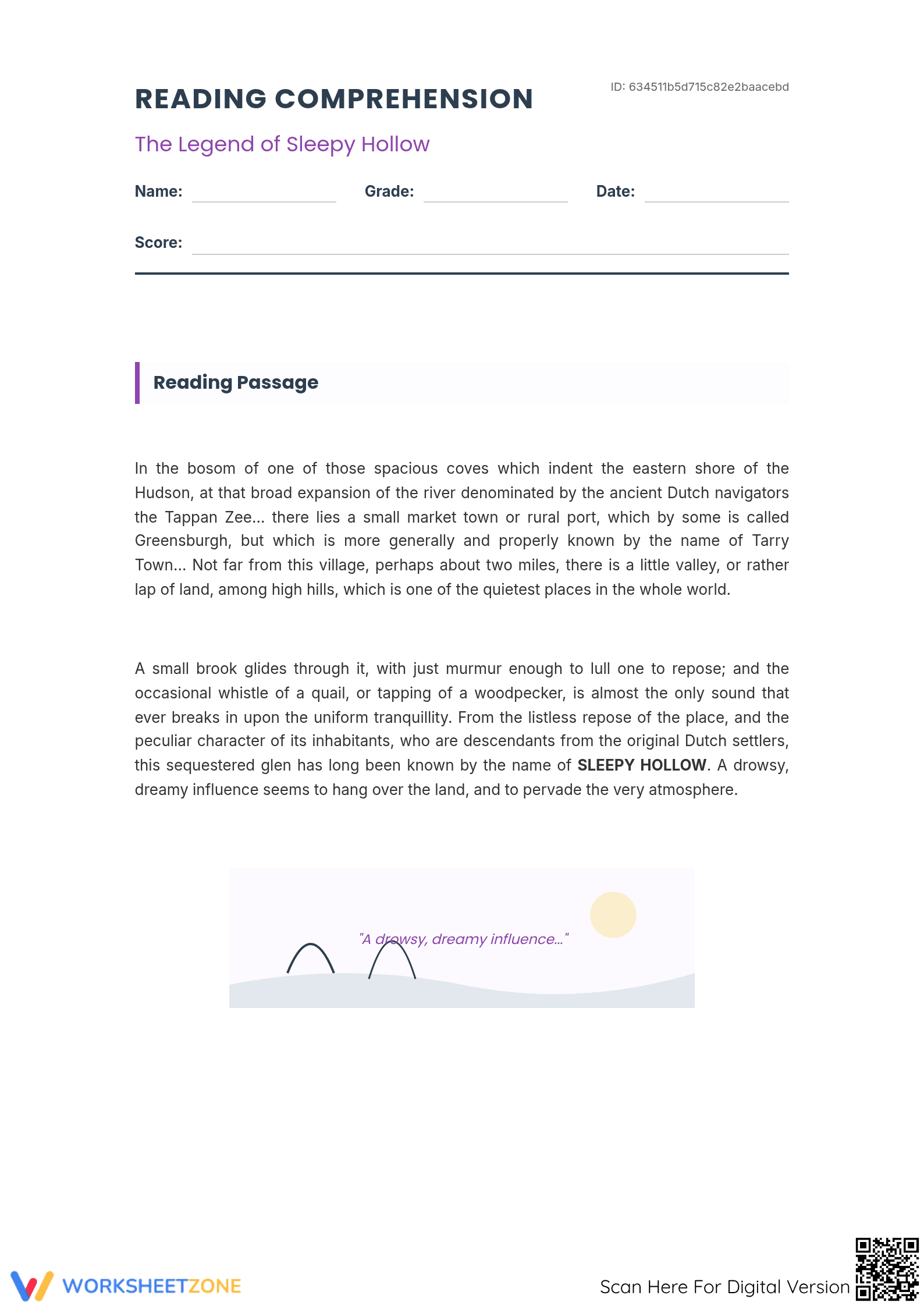 Essential Sleepy Hollow Reading Worksheet | Grade 7 ELA - Page 1