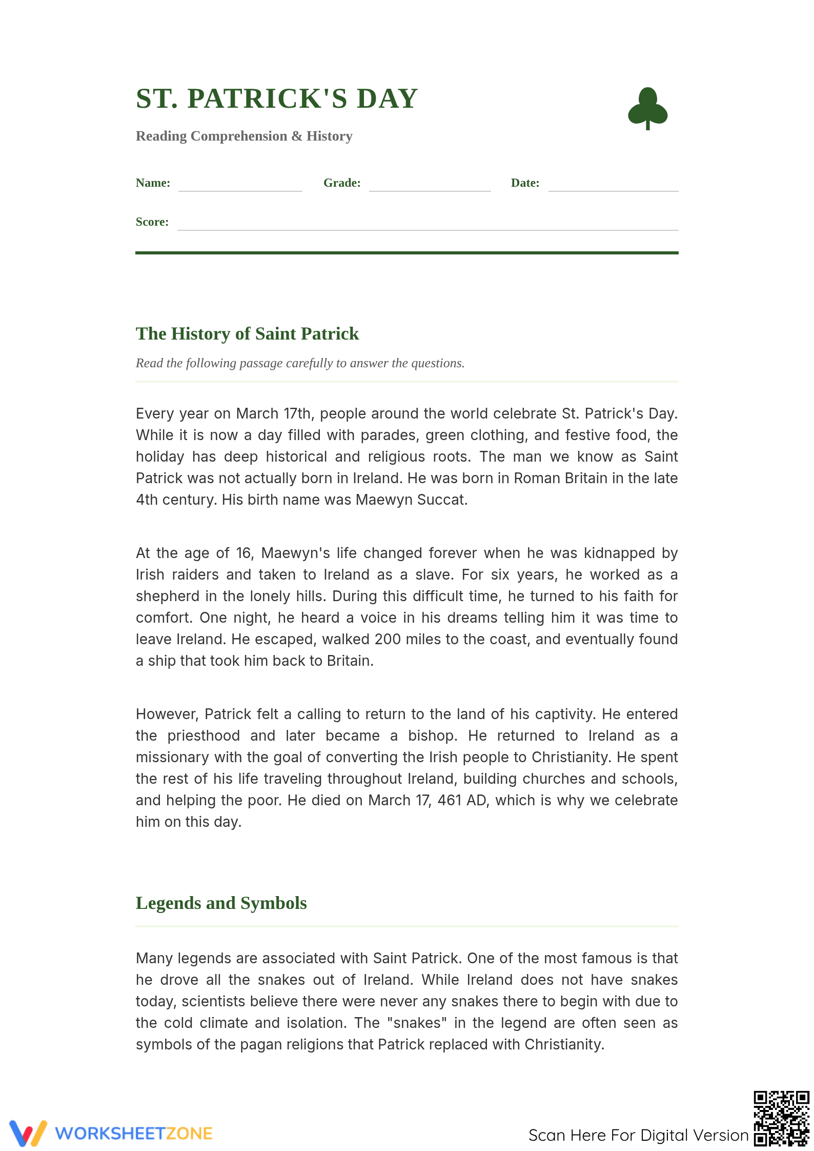 Essential St. Patrick's Day Reading Comprehension: Grade 6-8 - Page 1