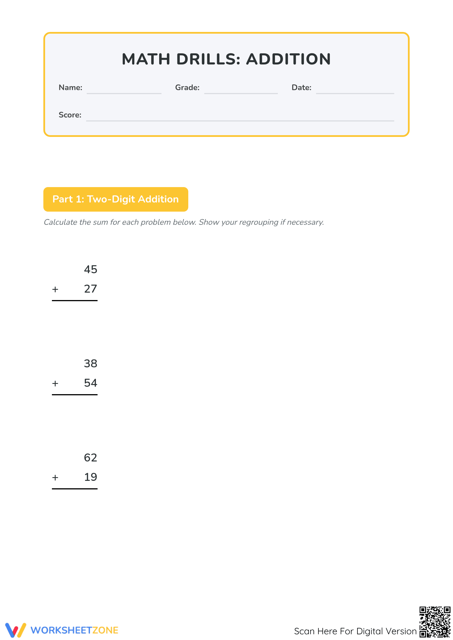 Printable Grade 5 Addition Drills: Multi-Digit Practice - Page 1