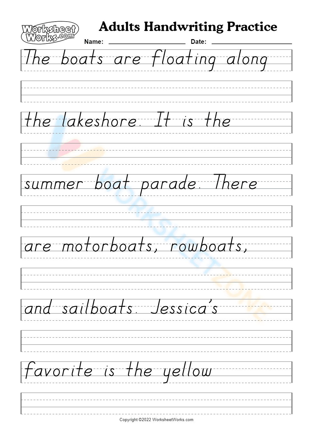 handwriting practice worksheet for adults - The boats - Page 1