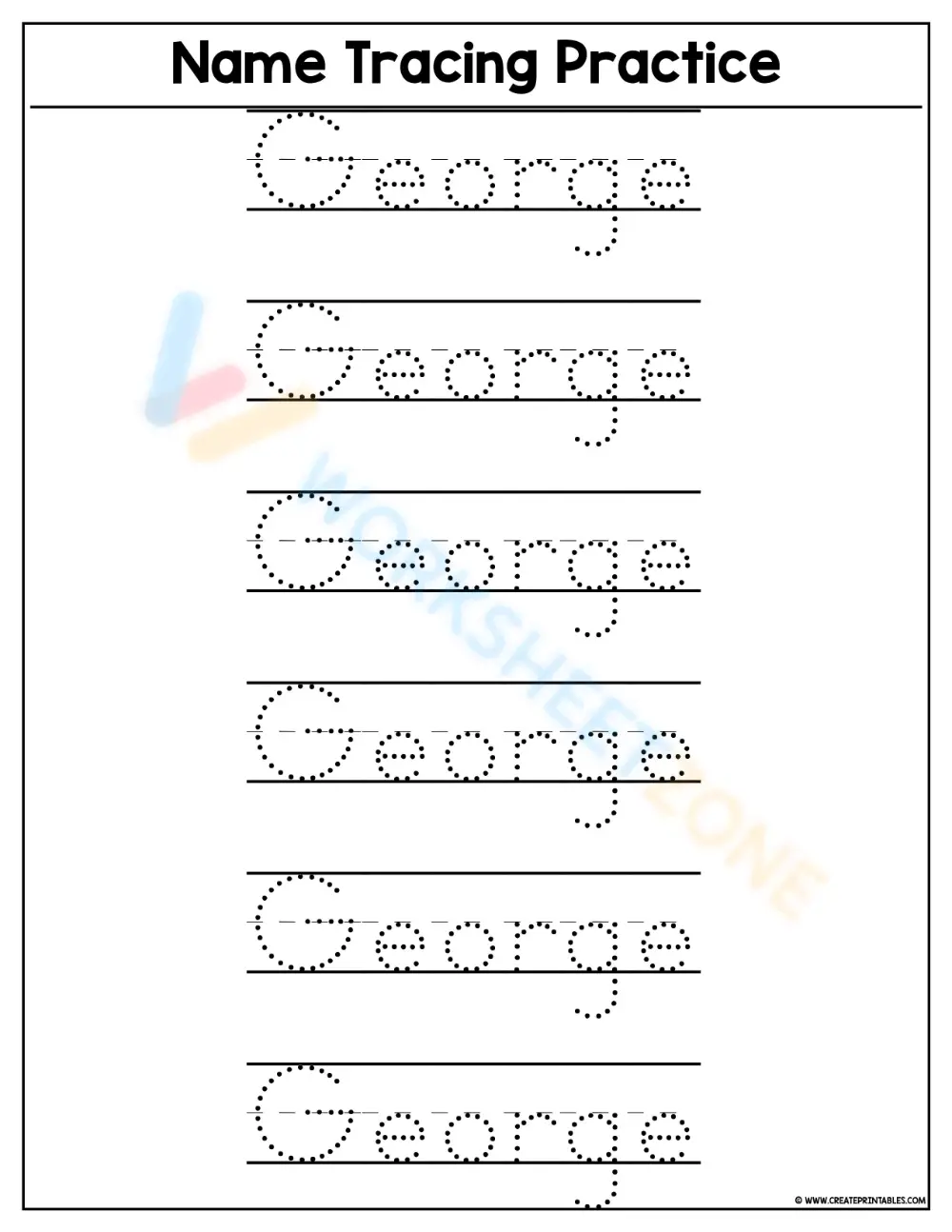 Grade K Name Tracing: George — Printable No-Prep Worksheet - Page 1