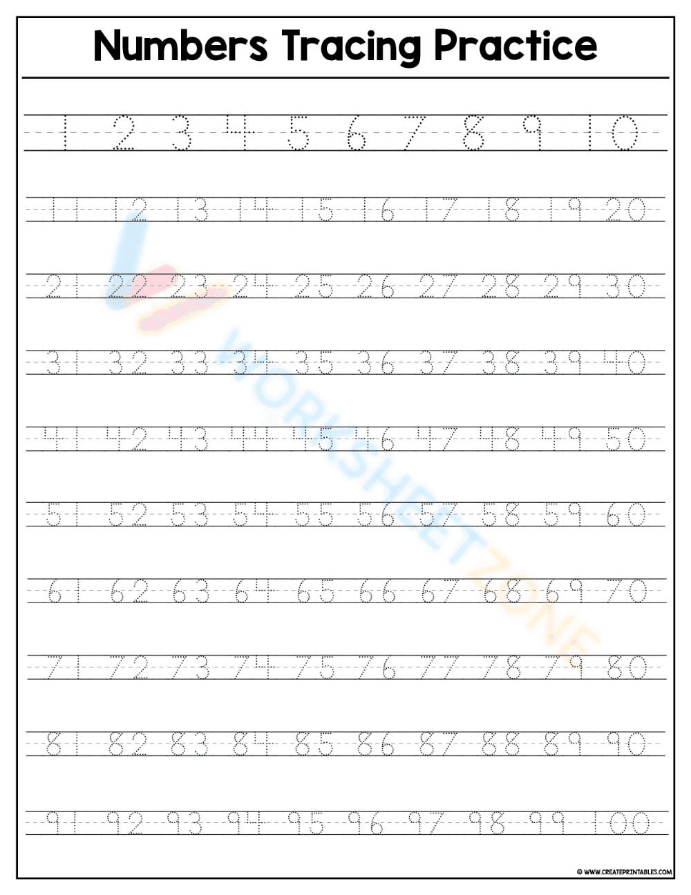 Numbers Handwriting Practice Worksheet: 1 to 100 - Page 1