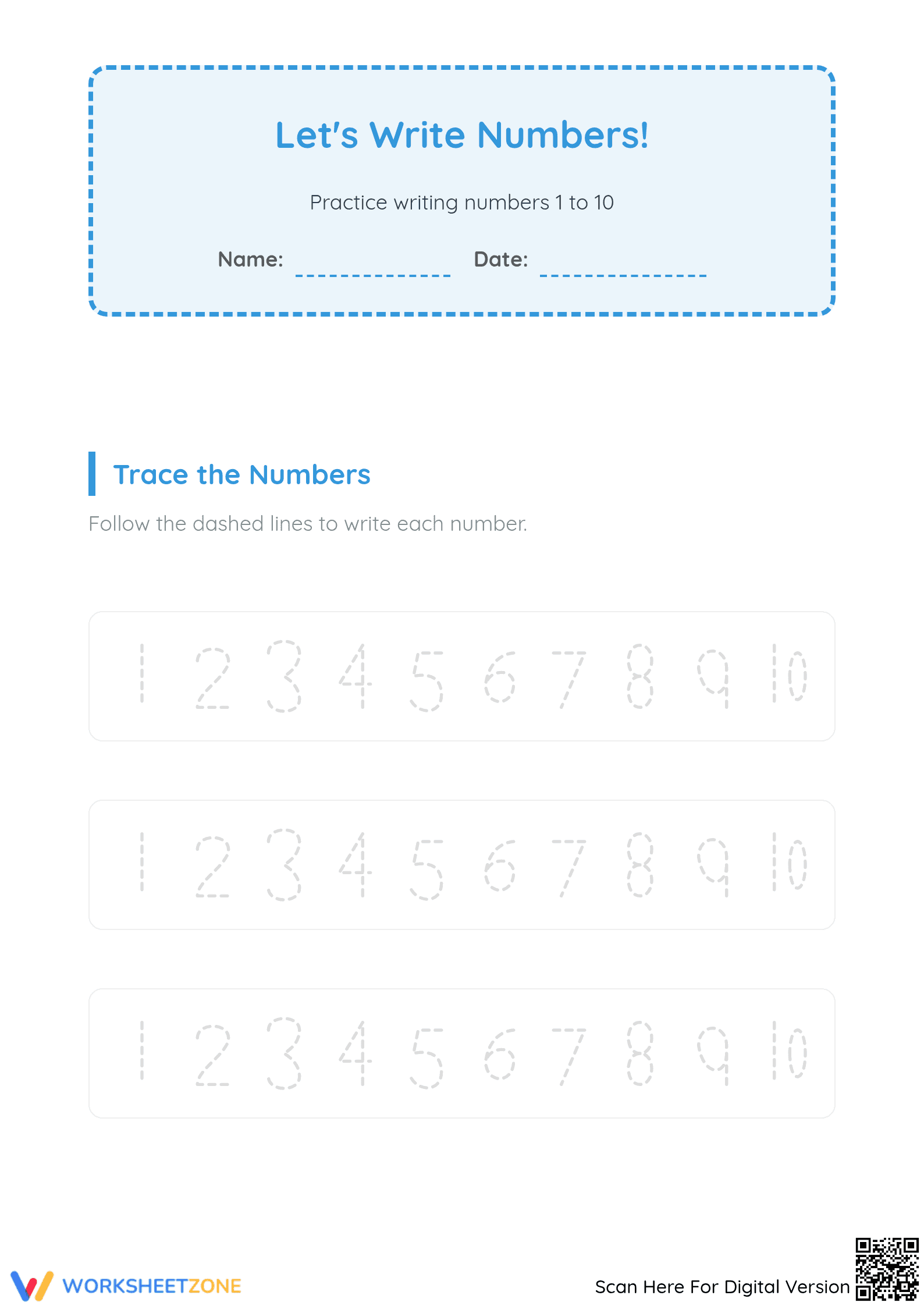 Printable Number Tracing 1-10 Worksheet | Kindergarten - Page 1