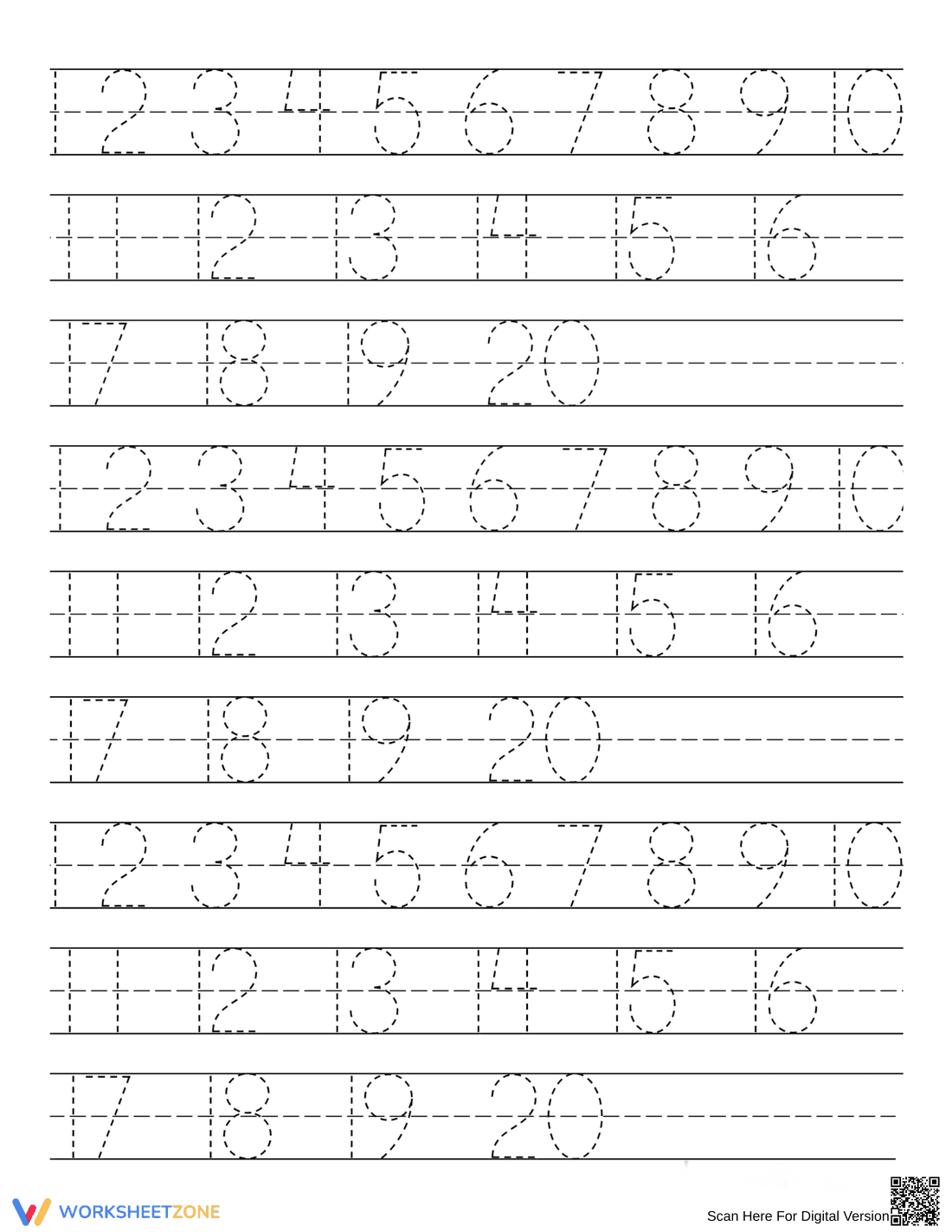 Numbers Handwriting Practice Worksheet: 1 to 20 - Page 1