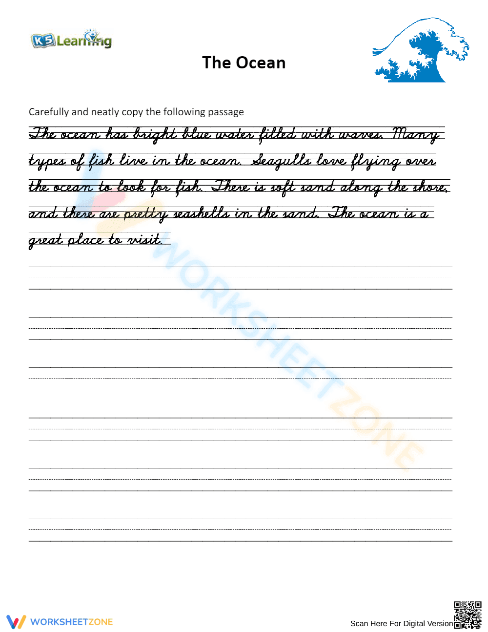 Paragraph Handwriting Practice Worksheet: The Ocean - Page 1