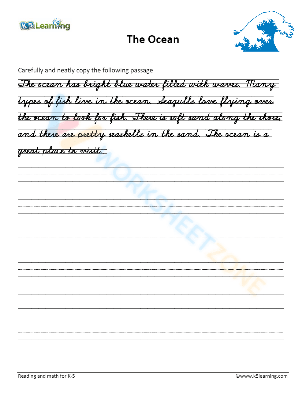 Paragraph Handwriting Practice Worksheet: The Ocean - Page 1