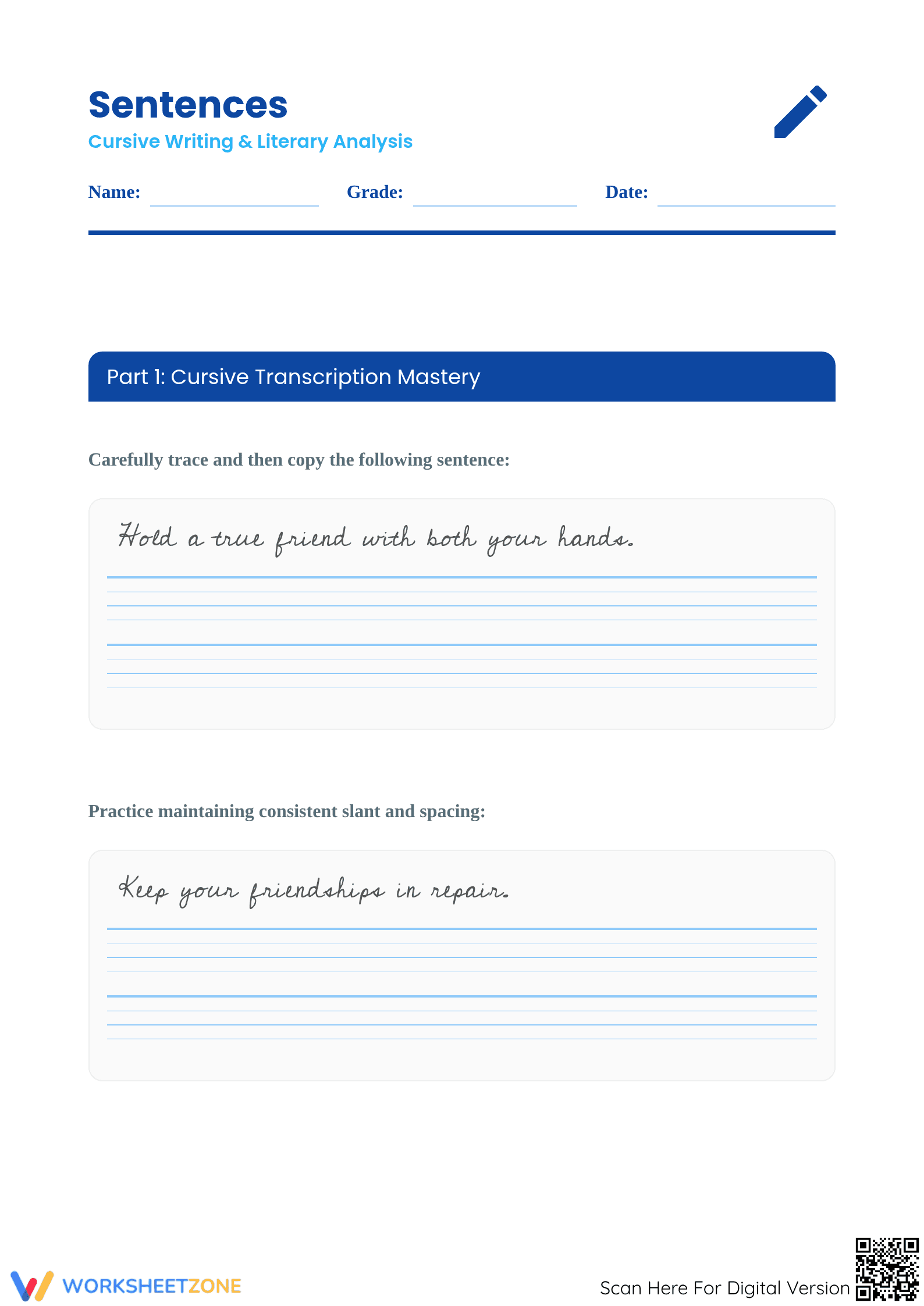 Sentence Handwriting Practice Worksheet: Friendship - Page 1