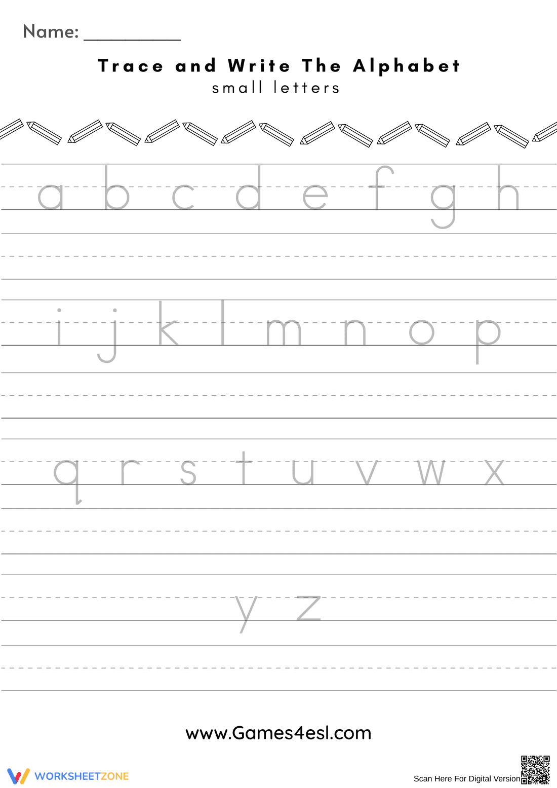 Alphabet Handwriting Practice Worksheet: Lower Case - Page 1