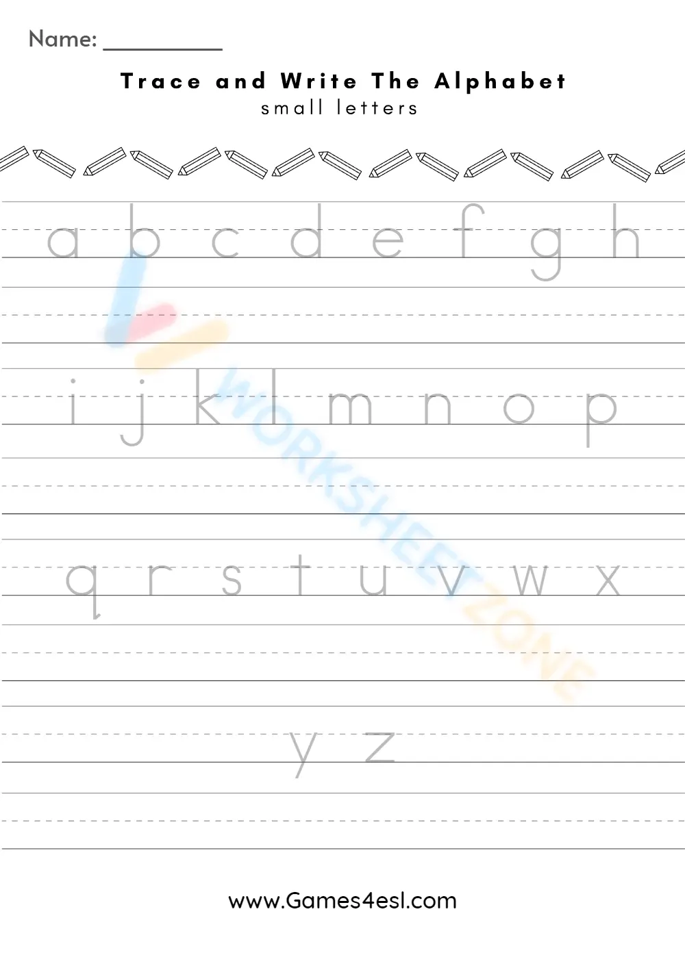 Alphabet Handwriting Practice Worksheet: Lower Case - Page 1