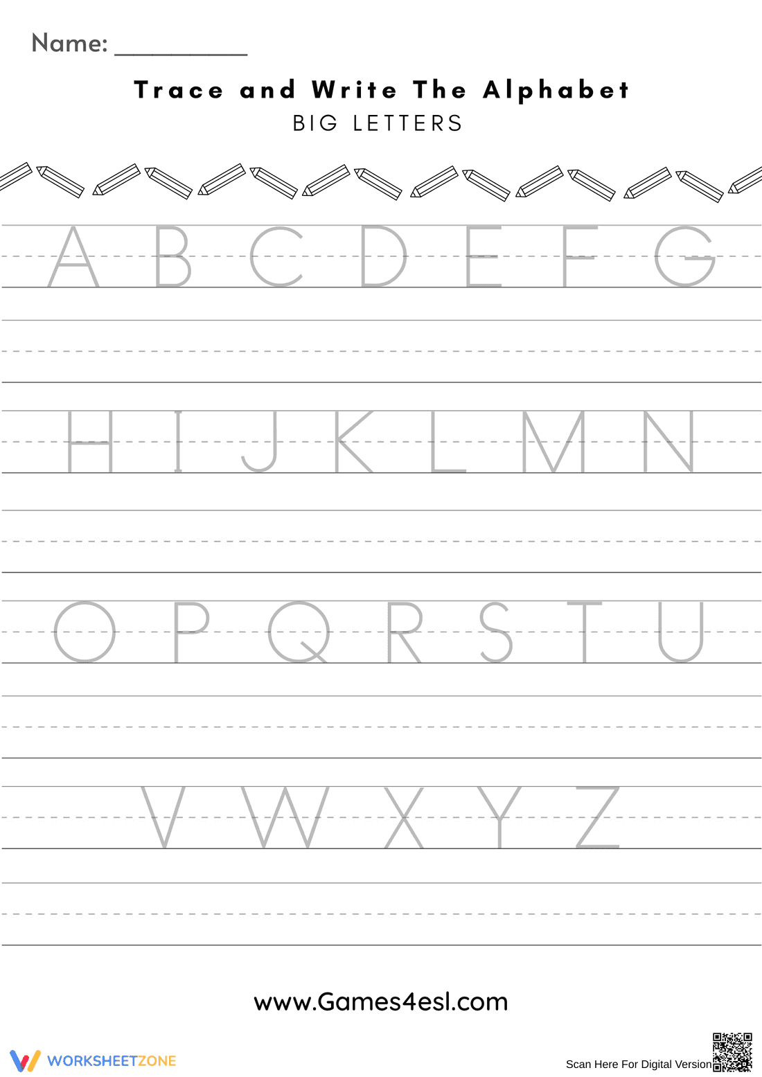 Alphabet Handwriting Practice Worksheet: Upper Case - Page 1